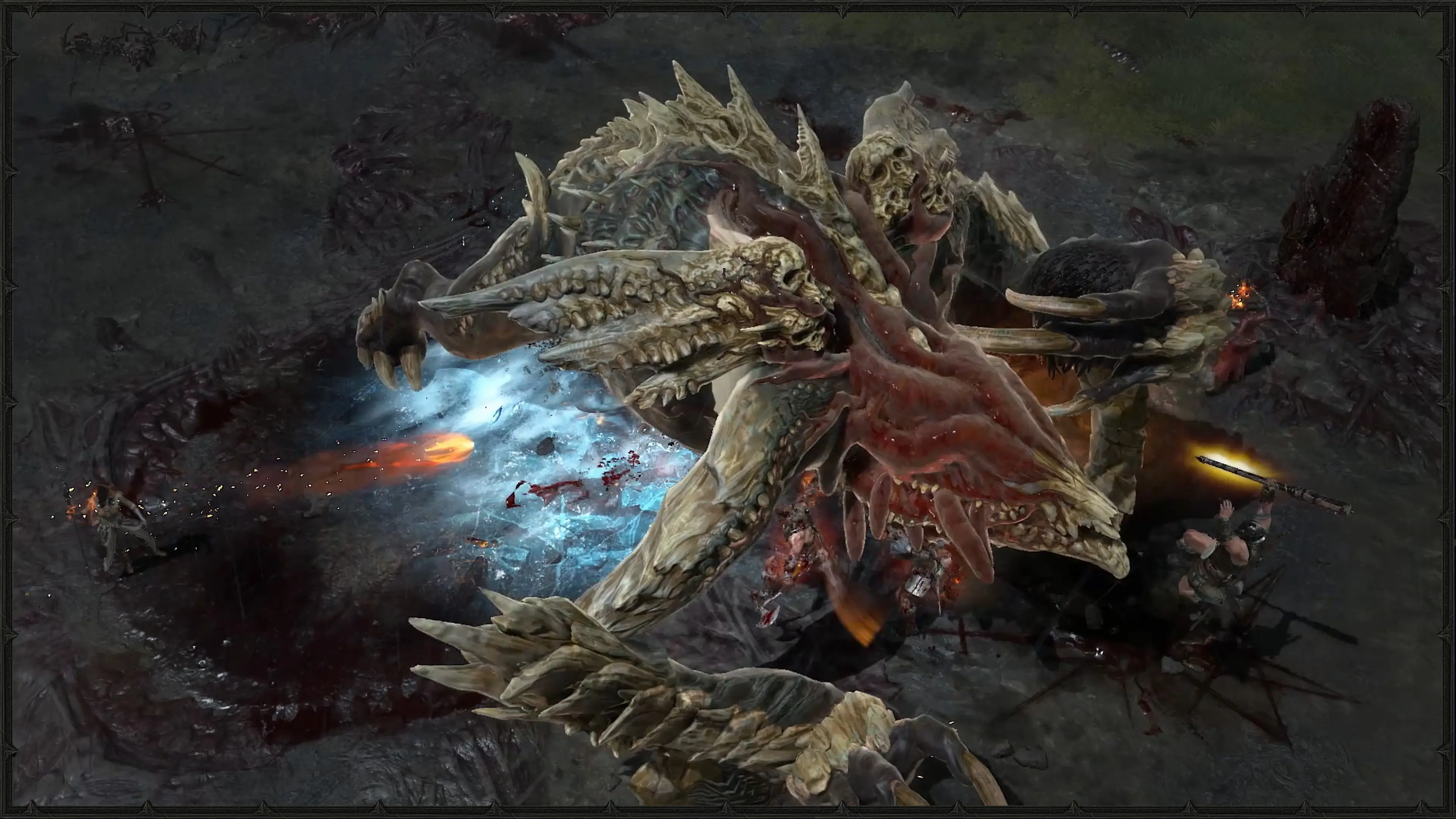 Several Diablo IV adventurers fighting a massive horned world boss in an open battlefield.