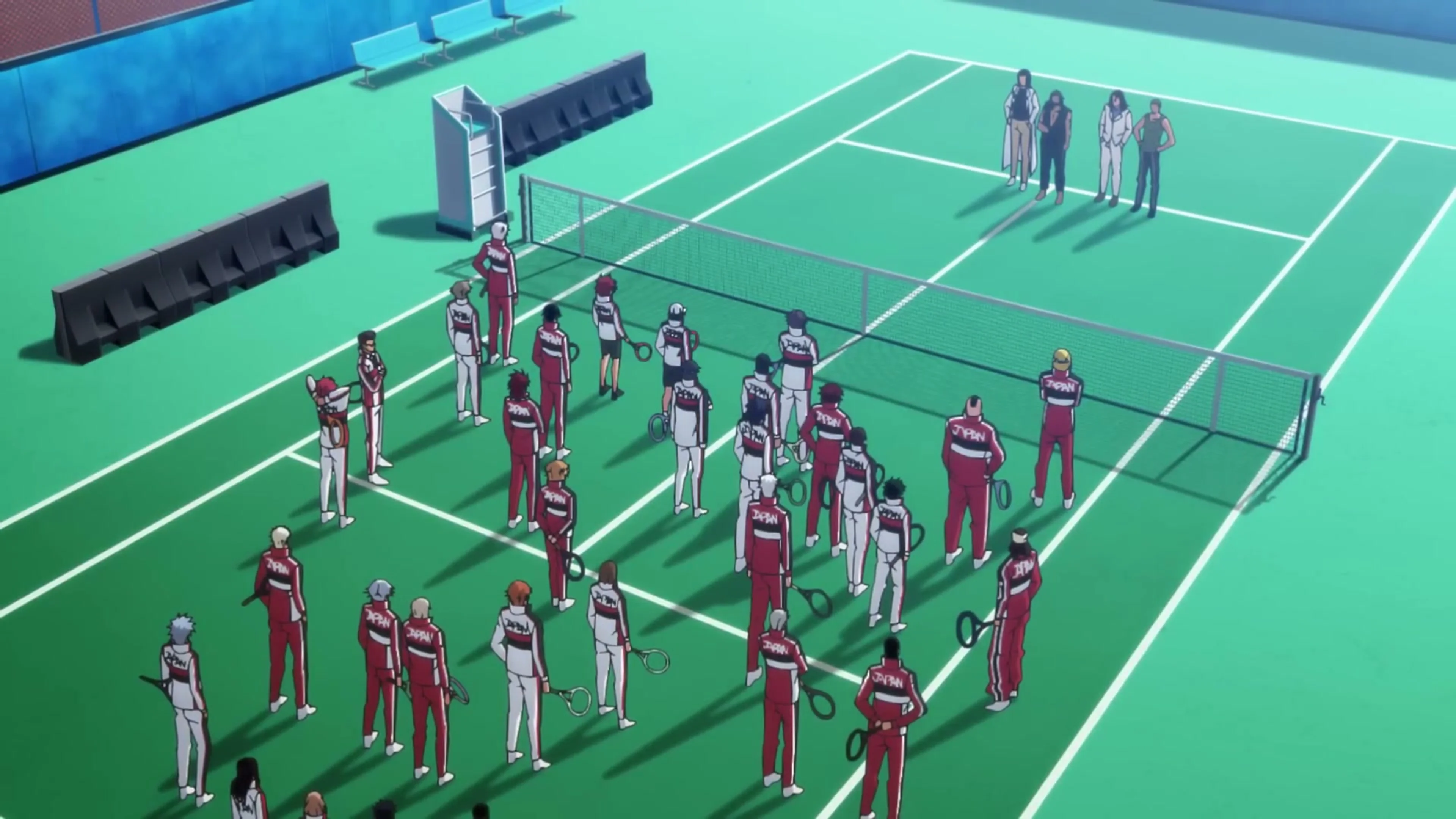 Japan’s U-17 tennis team gathers on a court in the official Prince of Tennis II trailer.
