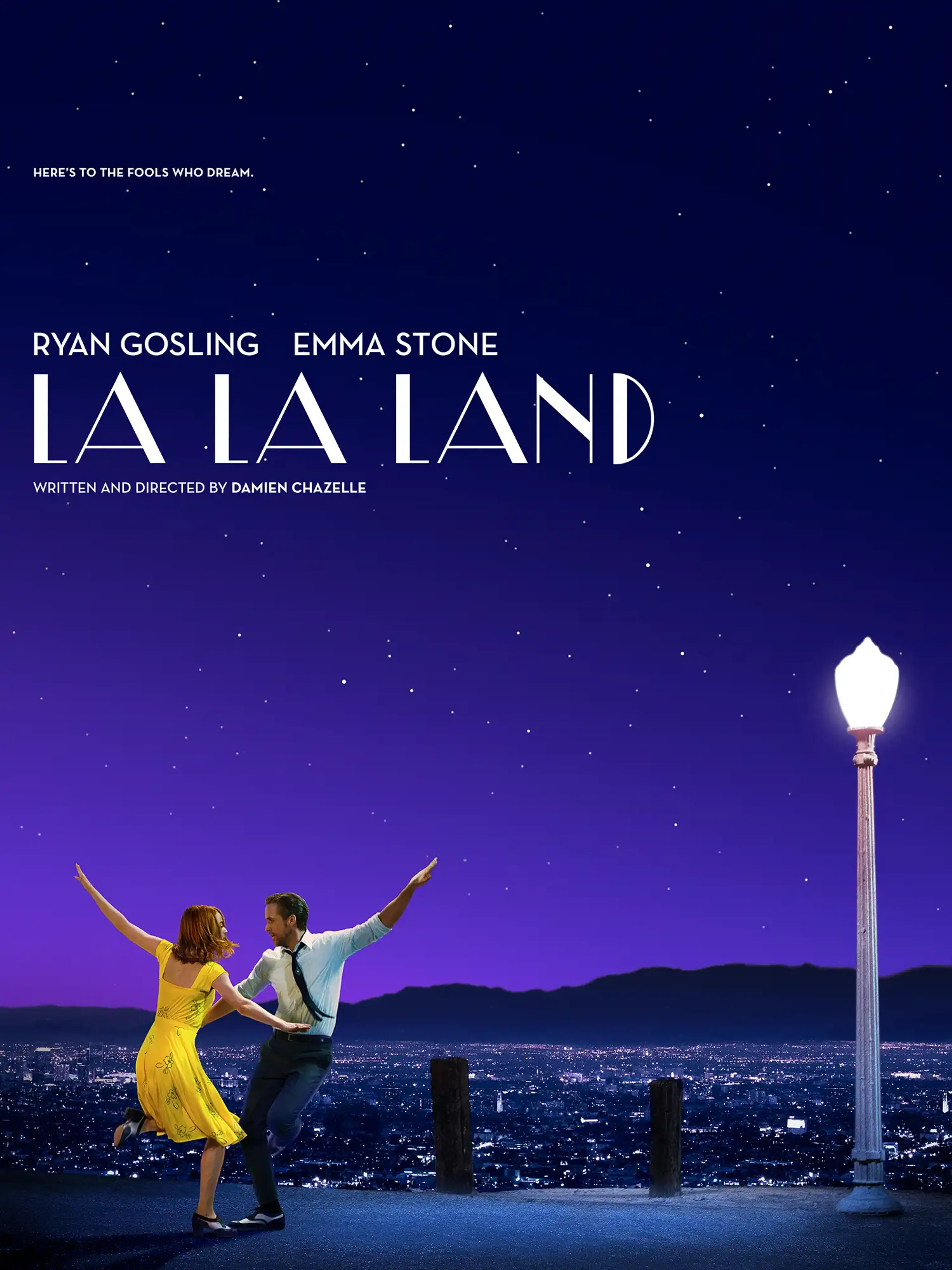 Emma Stone and Ryan Gosling dance under a streetlight in La La Land's anniversary poster.