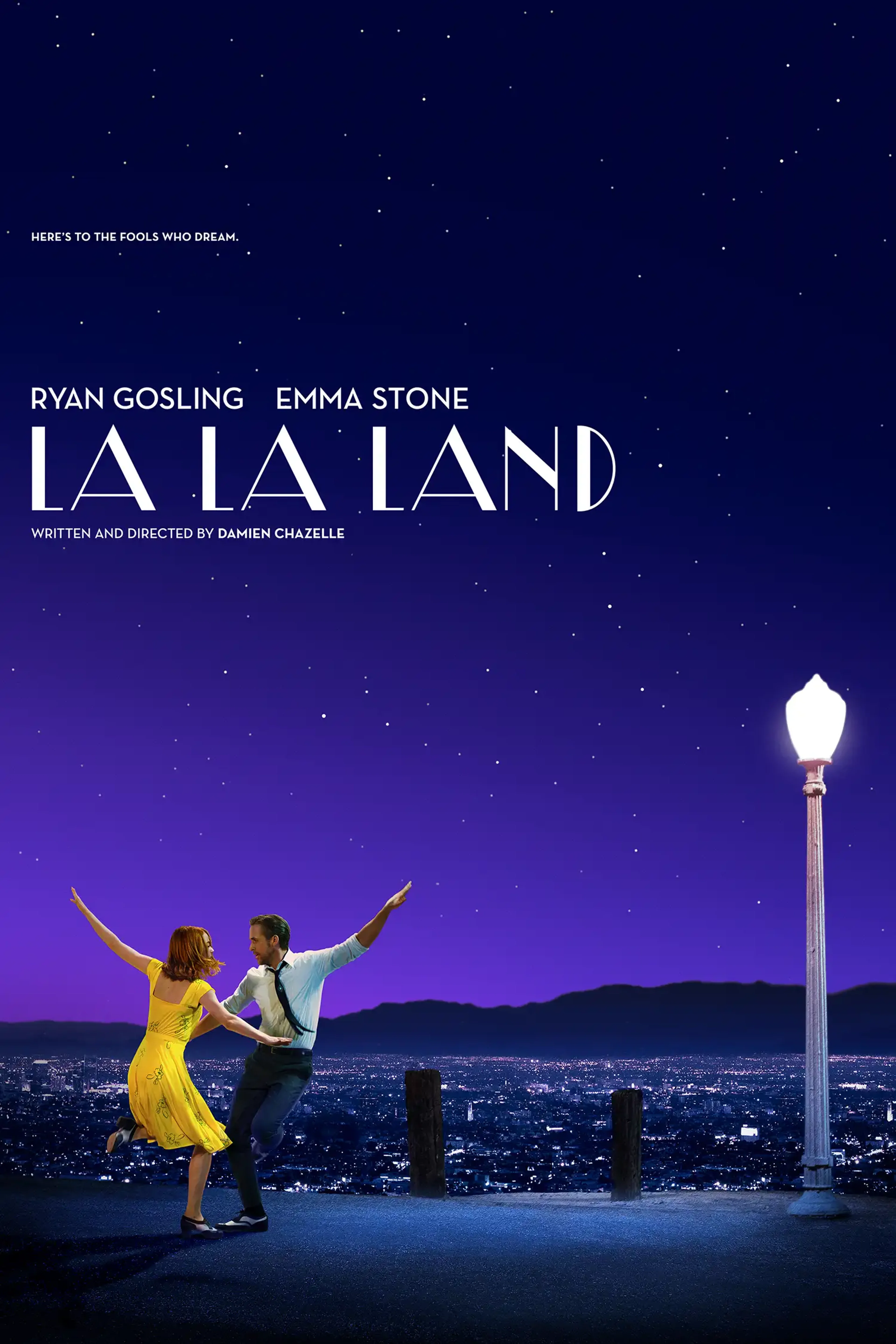 The updated La La Land poster shows Emma Stone and Ryan Gosling dancing beneath a streetlight.
