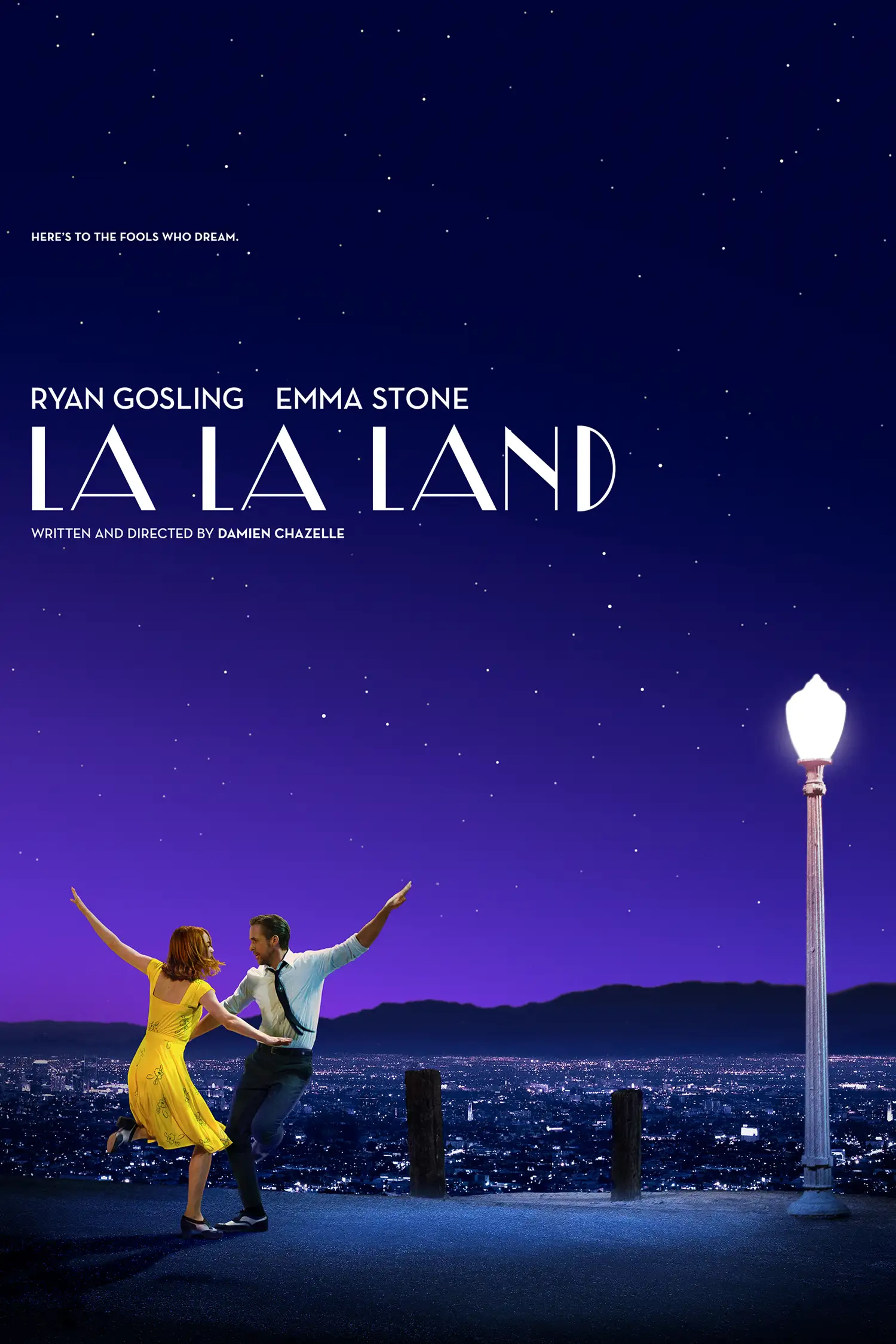 Emma Stone and Ryan Gosling dance under a streetlight in La La Land's anniversary poster.
