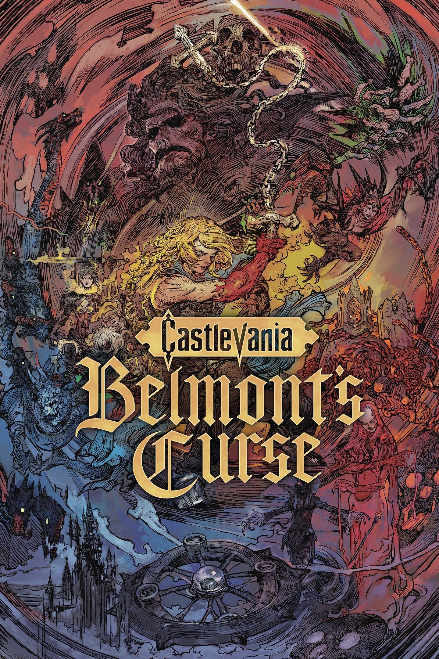 Official Castlevania Belmont’s Curse portrait cover showing the Belmont family beneath monsters and the game title.
