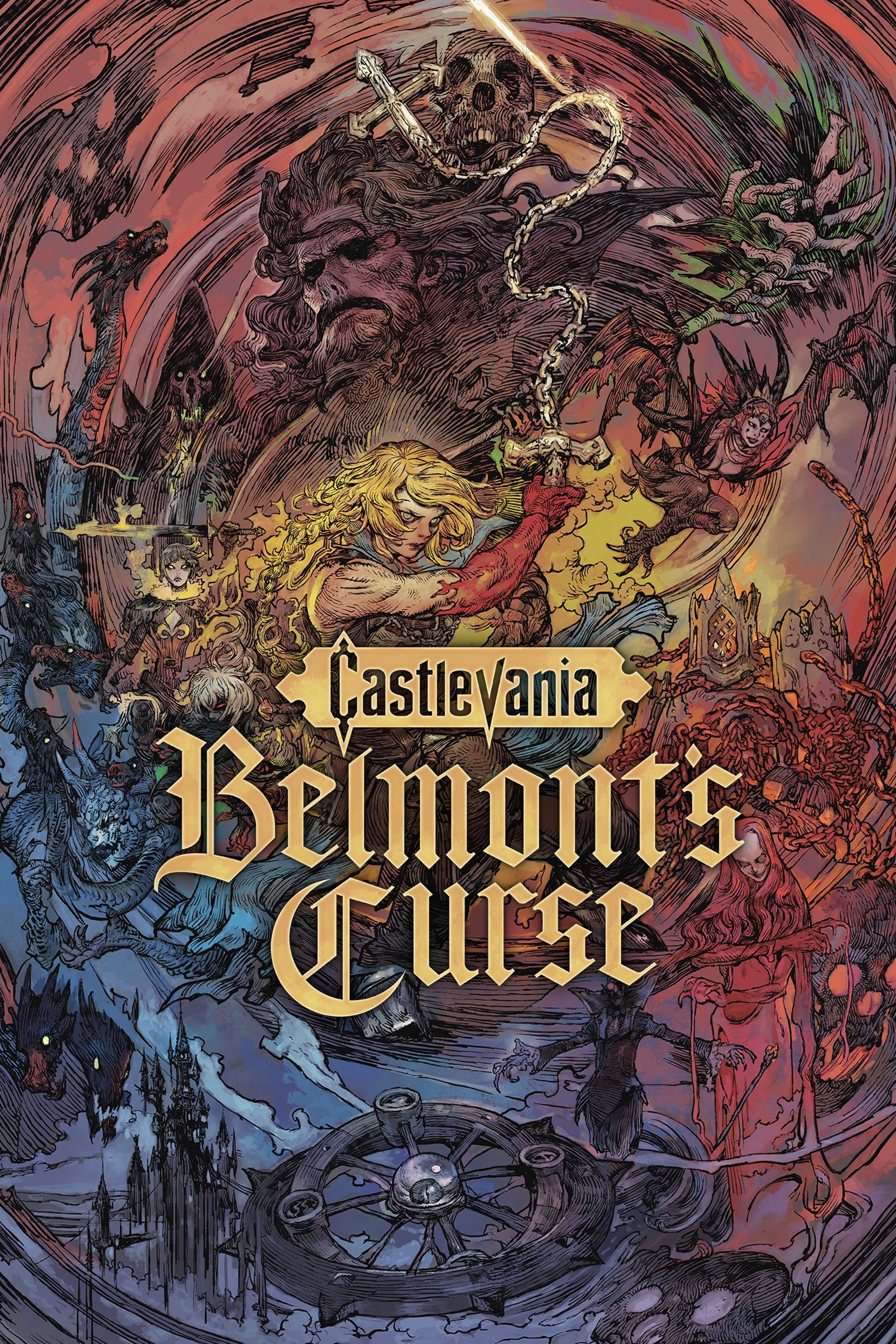 Official Castlevania Belmont’s Curse portrait cover showing the Belmont family beneath monsters and the game title.