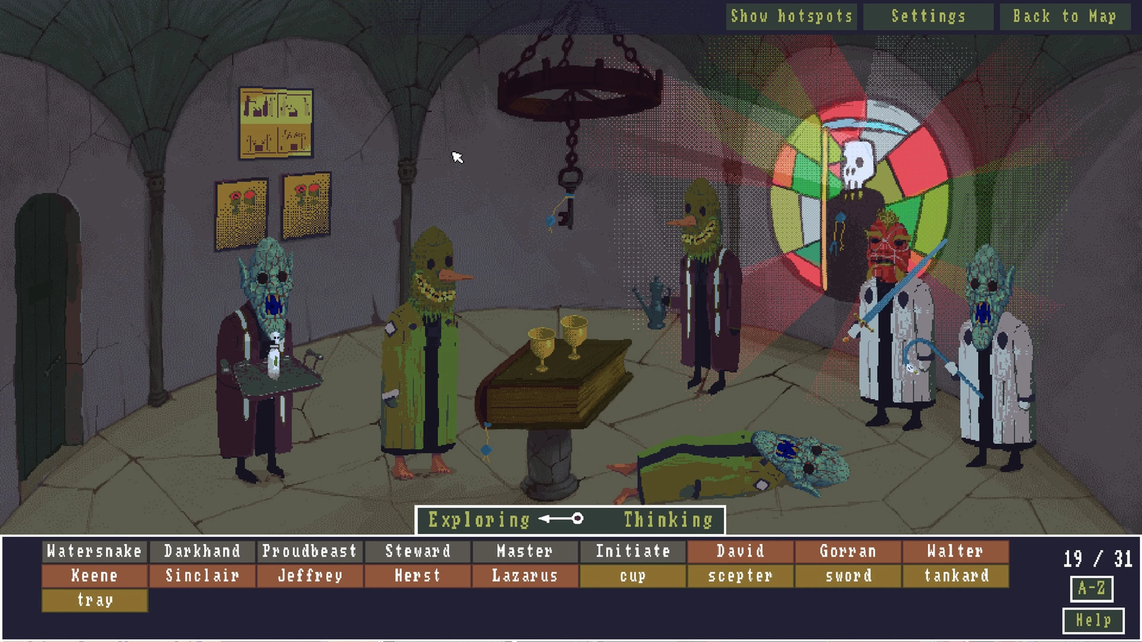 Suspects and clue words fill an investigation scene in The Case of the Golden Idol.