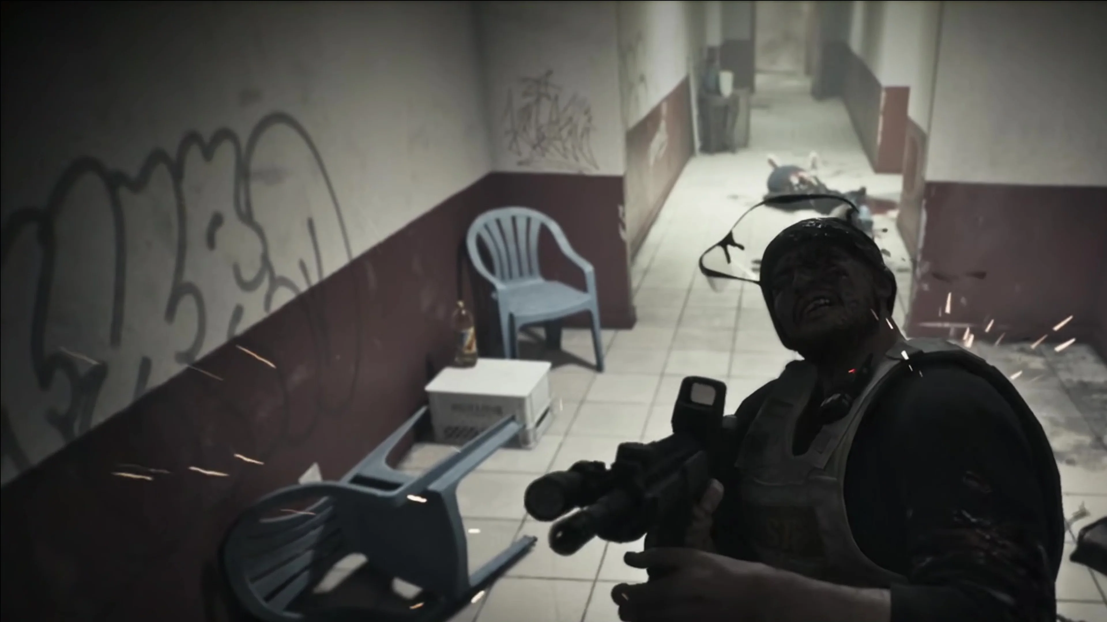 A masked character aims a weapon during a Grand Theft Auto VI mission in official footage.