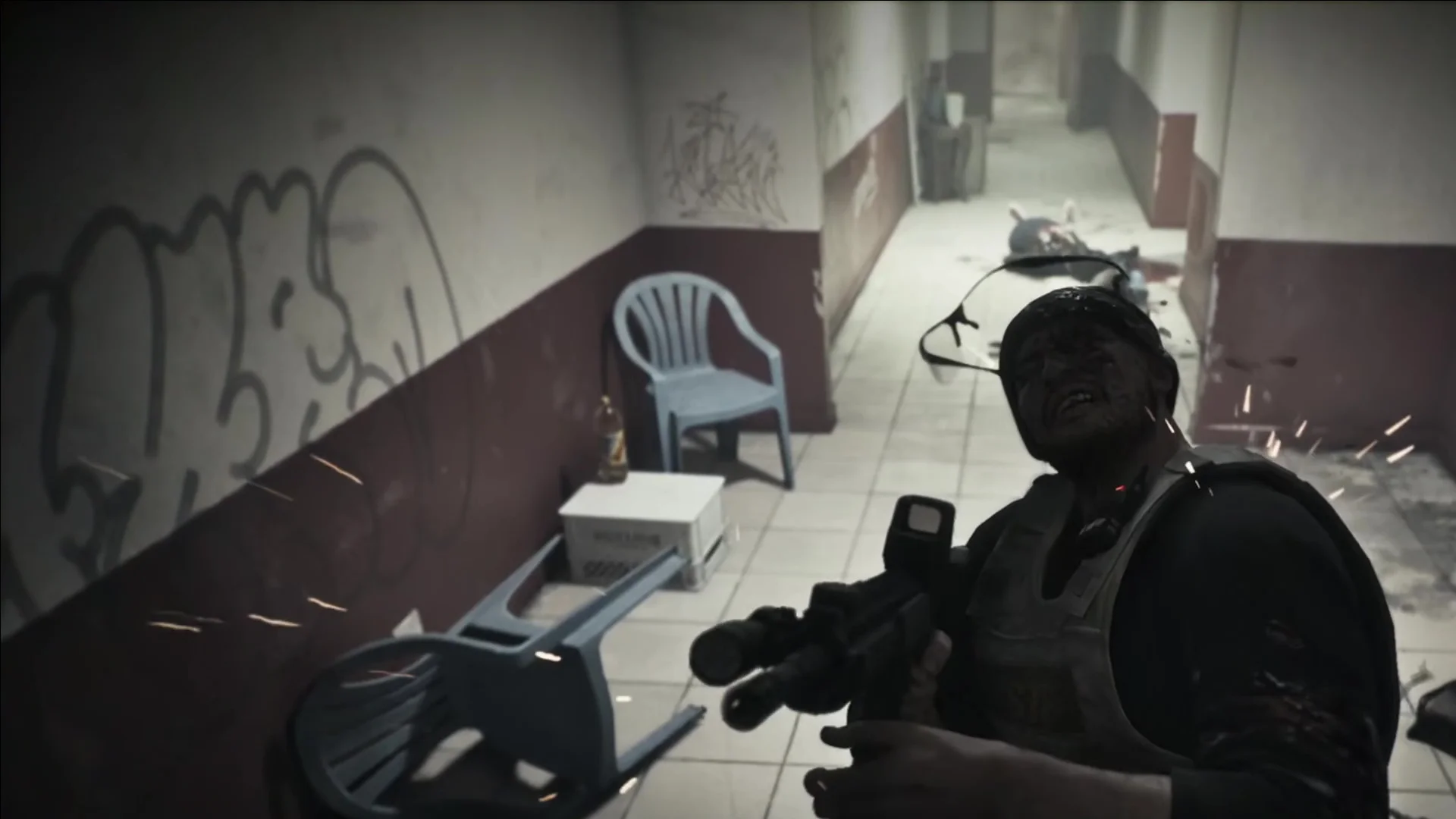 A masked character aims a weapon during a Grand Theft Auto VI mission in official footage.