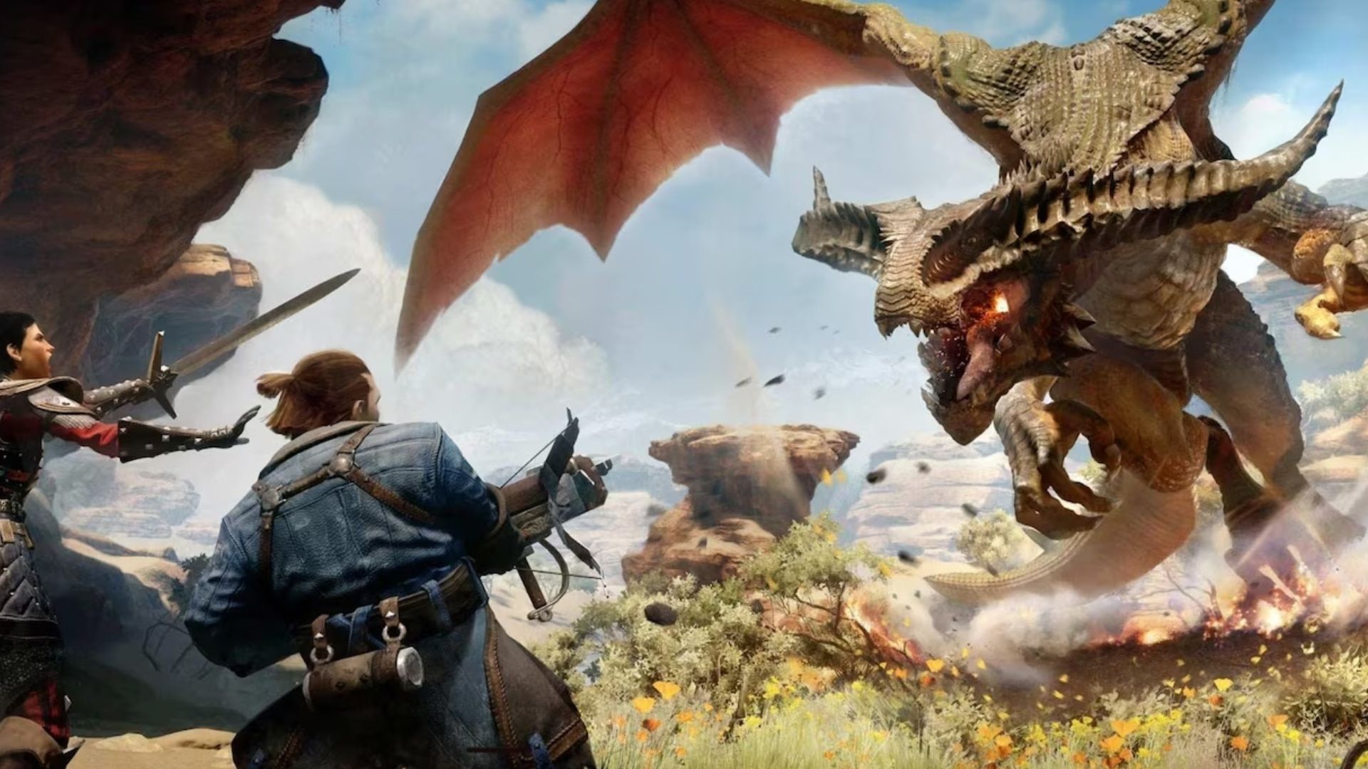 Two companions confront a large dragon in a sunlit rocky area.