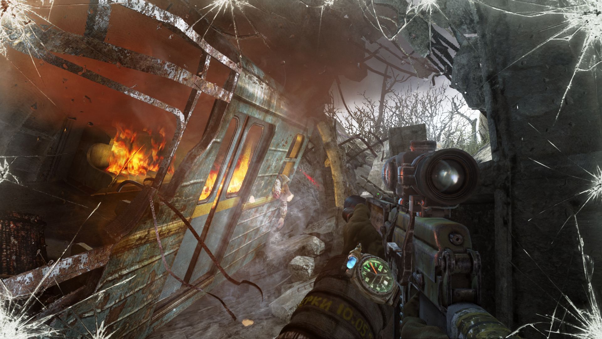 A first-person rifle points through a damaged train carriage in Metro: Last Light Redux.