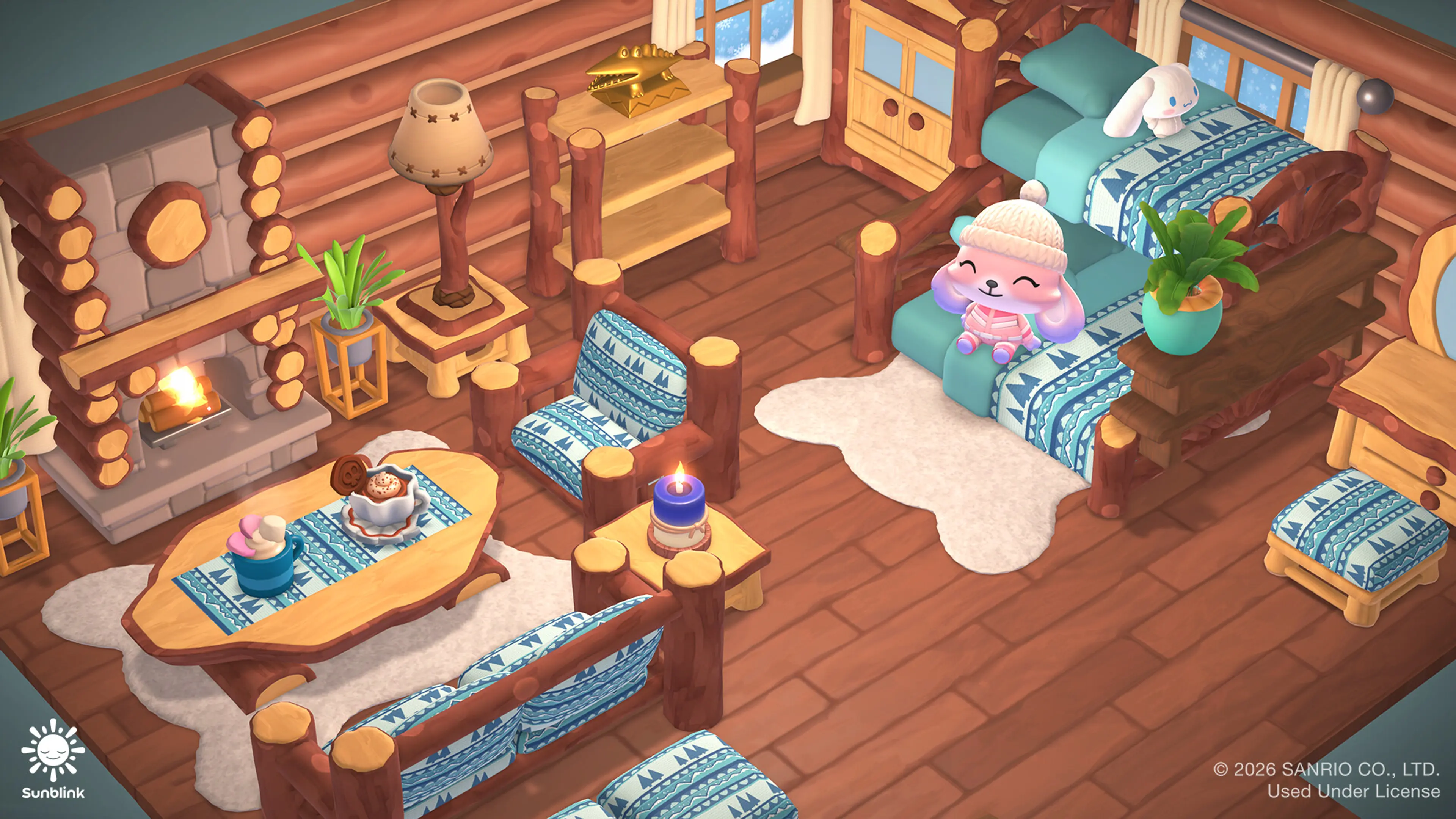 Sanrio characters inside a wood-paneled cabin decorated with furniture.