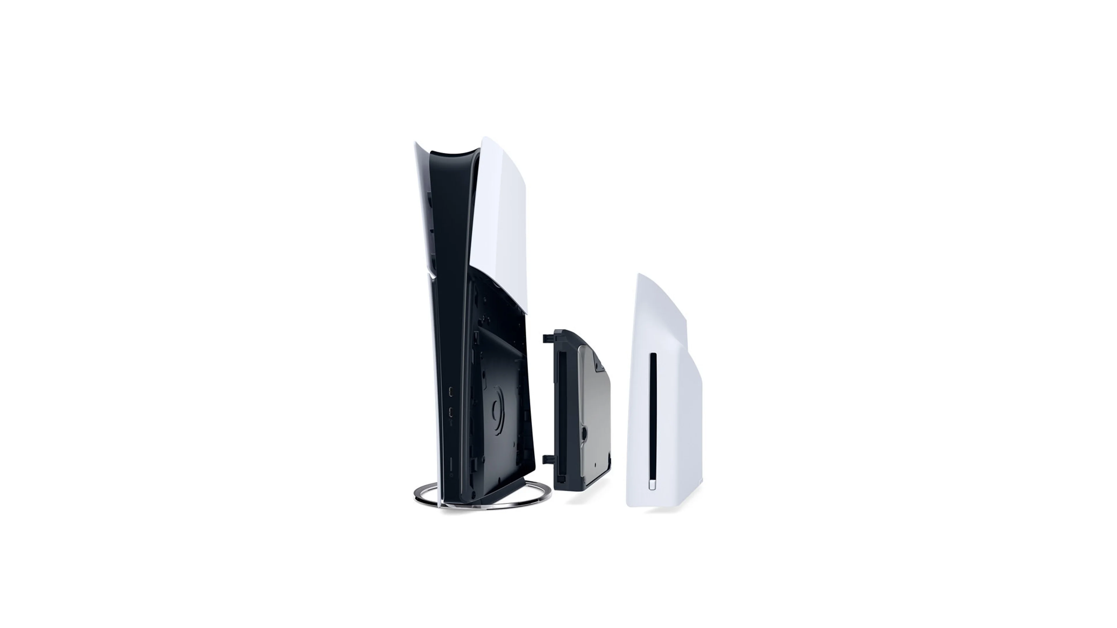 Official Sony image showing a PS5 console, detachable disc drive, and white console cover separated for installation.