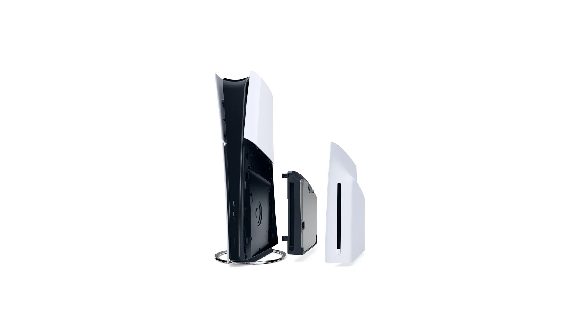 Official Sony image showing a PS5 console, detachable disc drive, and white console cover separated for installation.