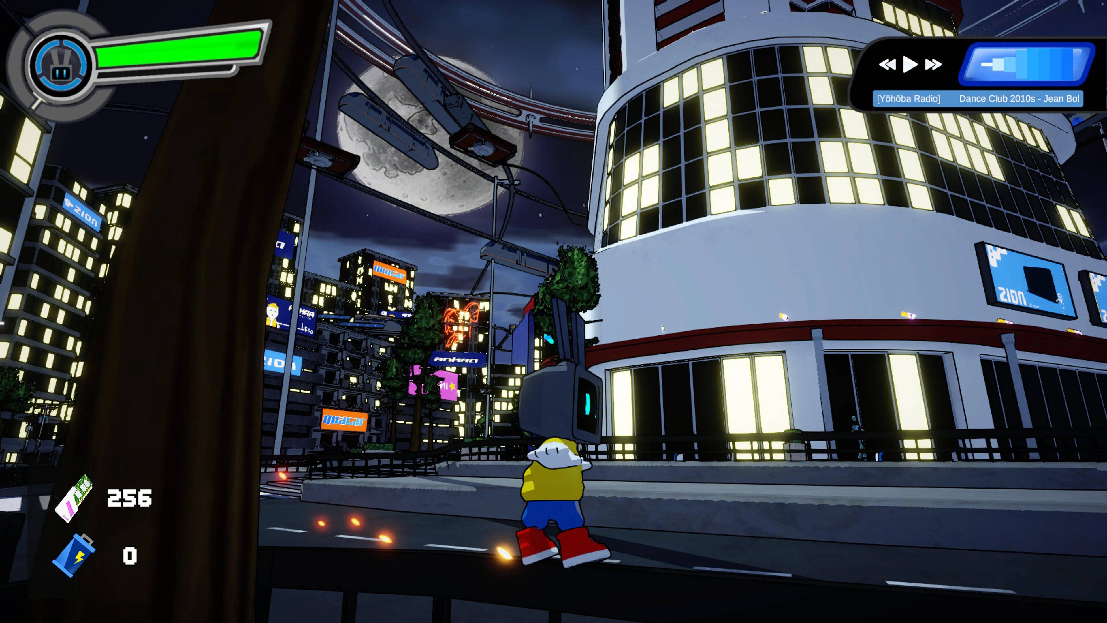 Tomo exploring a neon-lit city street.