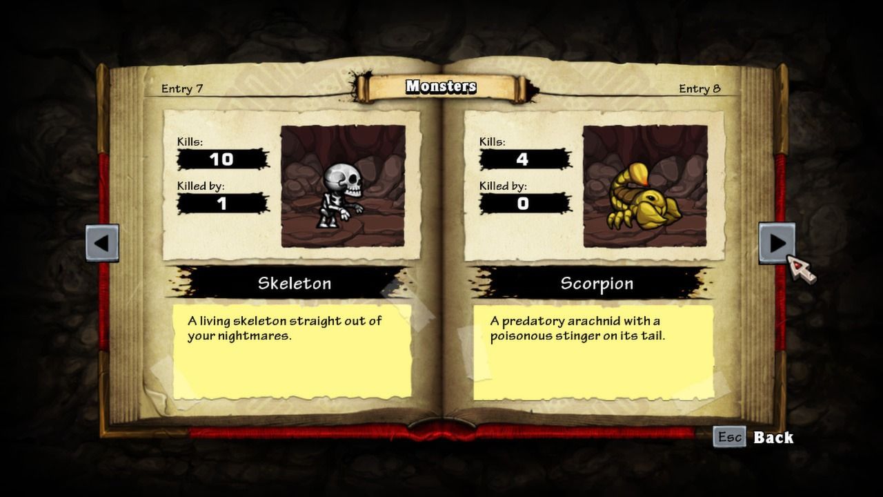 Readable close view of the Spelunky HD journal Skeleton entry, its picture and kills counters.