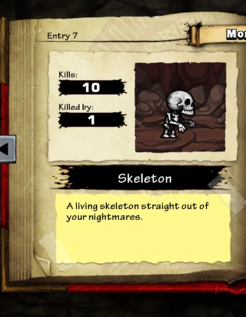 Readable close view of the Spelunky HD journal Skeleton entry, its picture and kills counters.