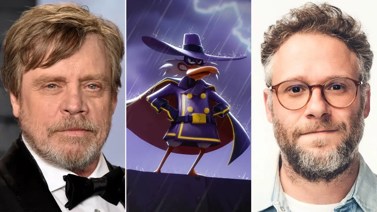 Mark Hamill, the newly announced Darkwing Duck artwork and Seth Rogen appear side by side.