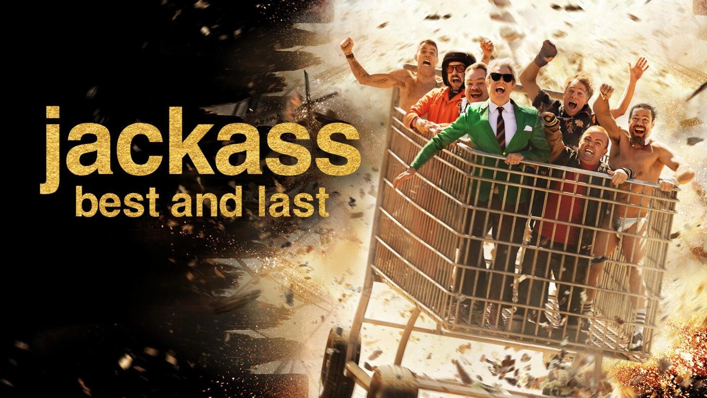 The Jackass: Best and Last cast rides in a shopping cart in the official Paramount+ streaming key art.
