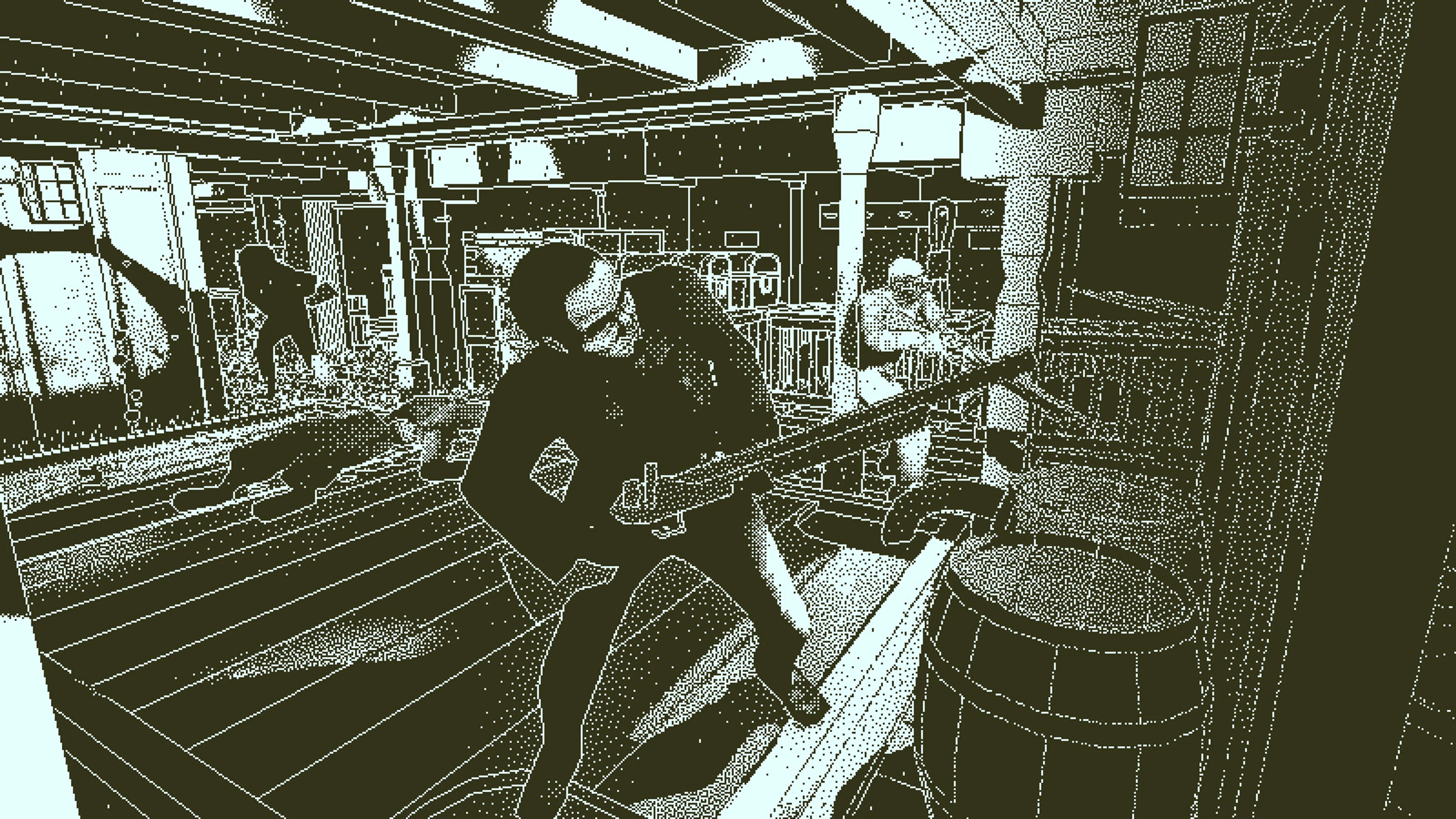 Several sailors stand in a cramped ship room while another person crosses the foreground.