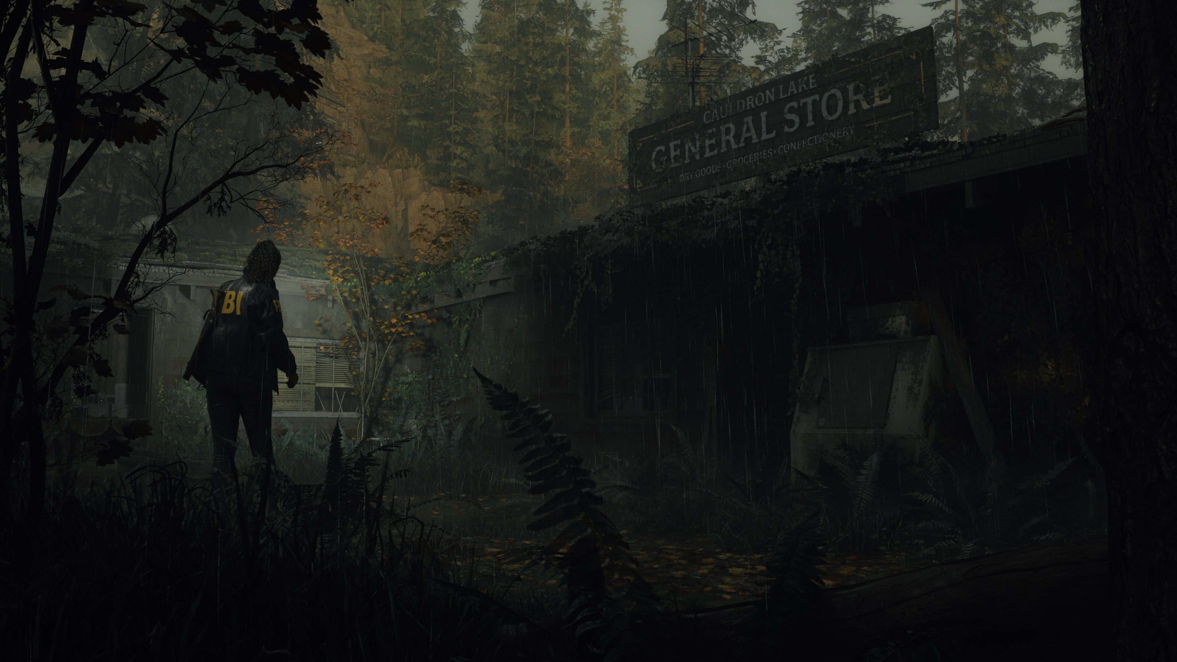 Saga approaches a general store near Cauldron Lake.