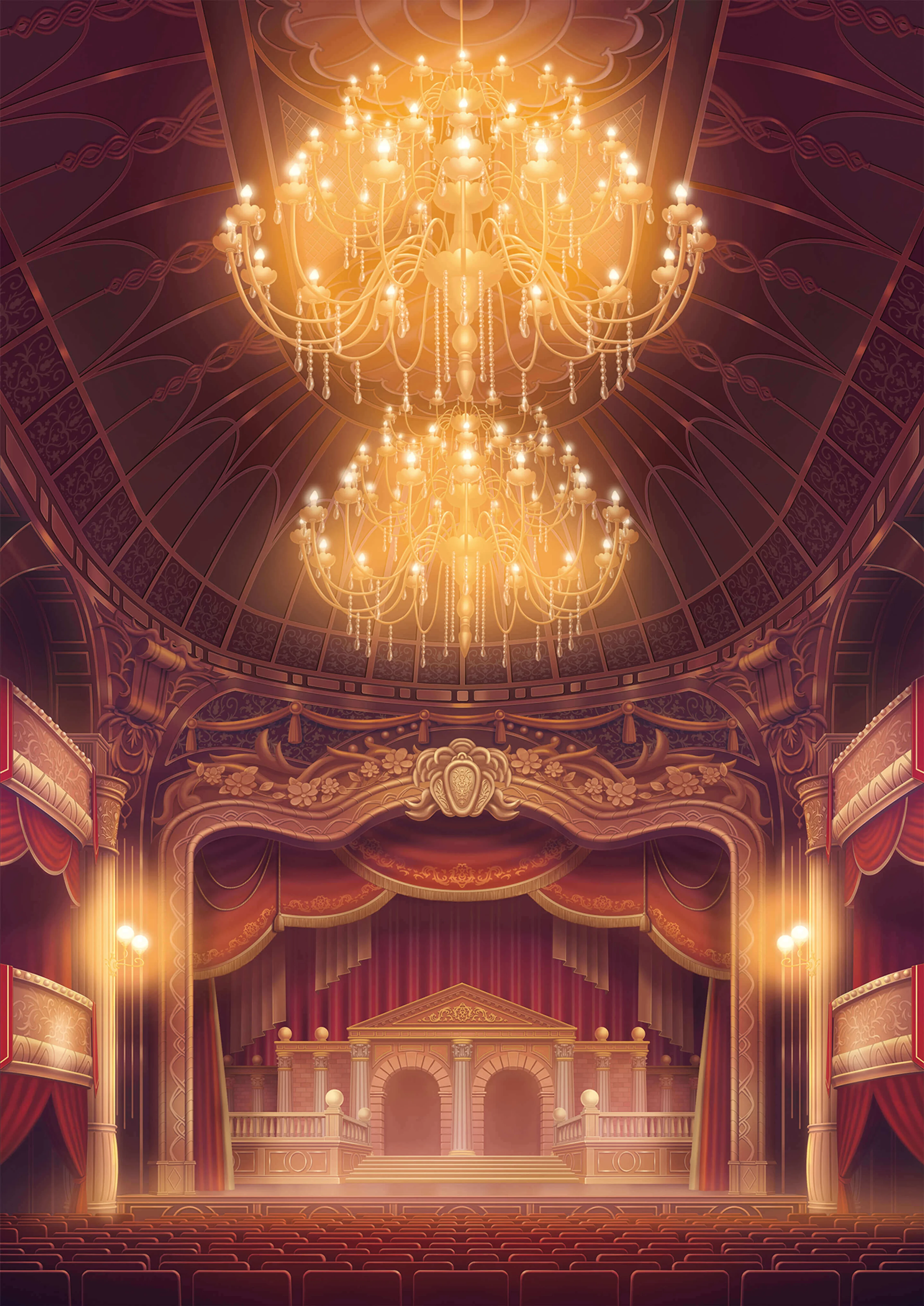 The official Frieren Film Concert visual shows an ornate theater prepared for the series' music.