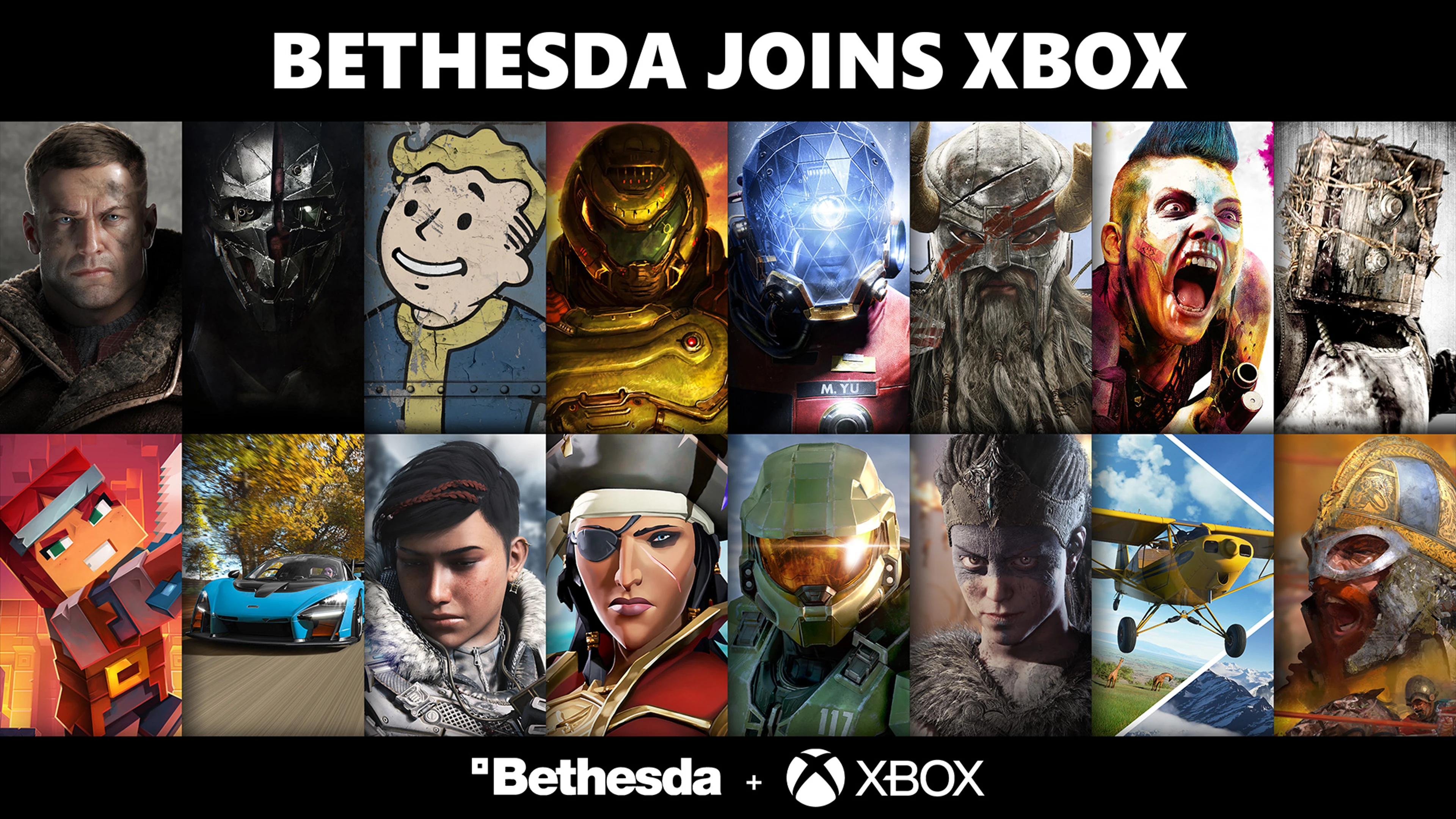 A collage of game characters appears beneath text about Bethesda joining Xbox.