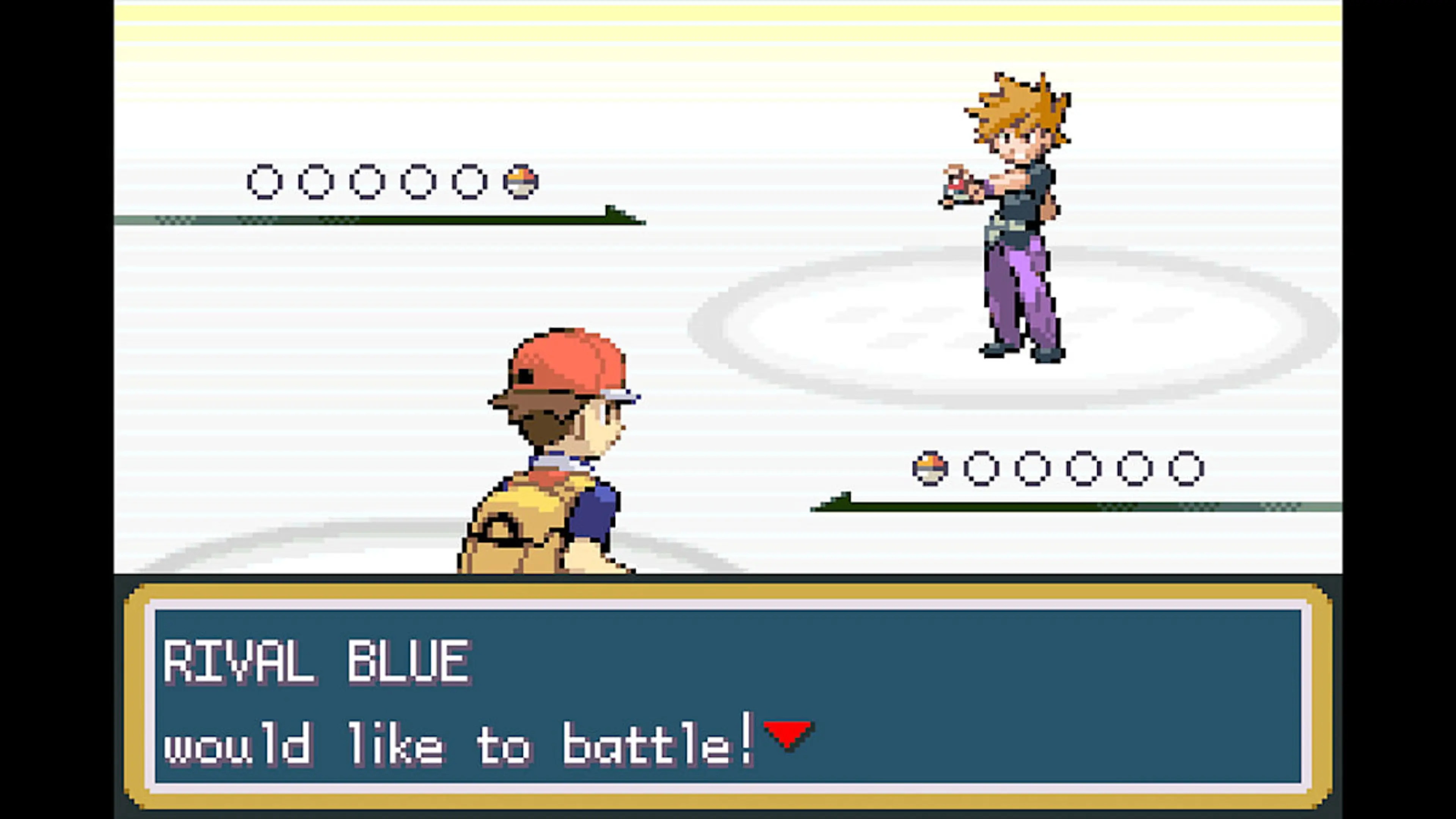 The player faces rival Blue at the start of a Pokémon battle.