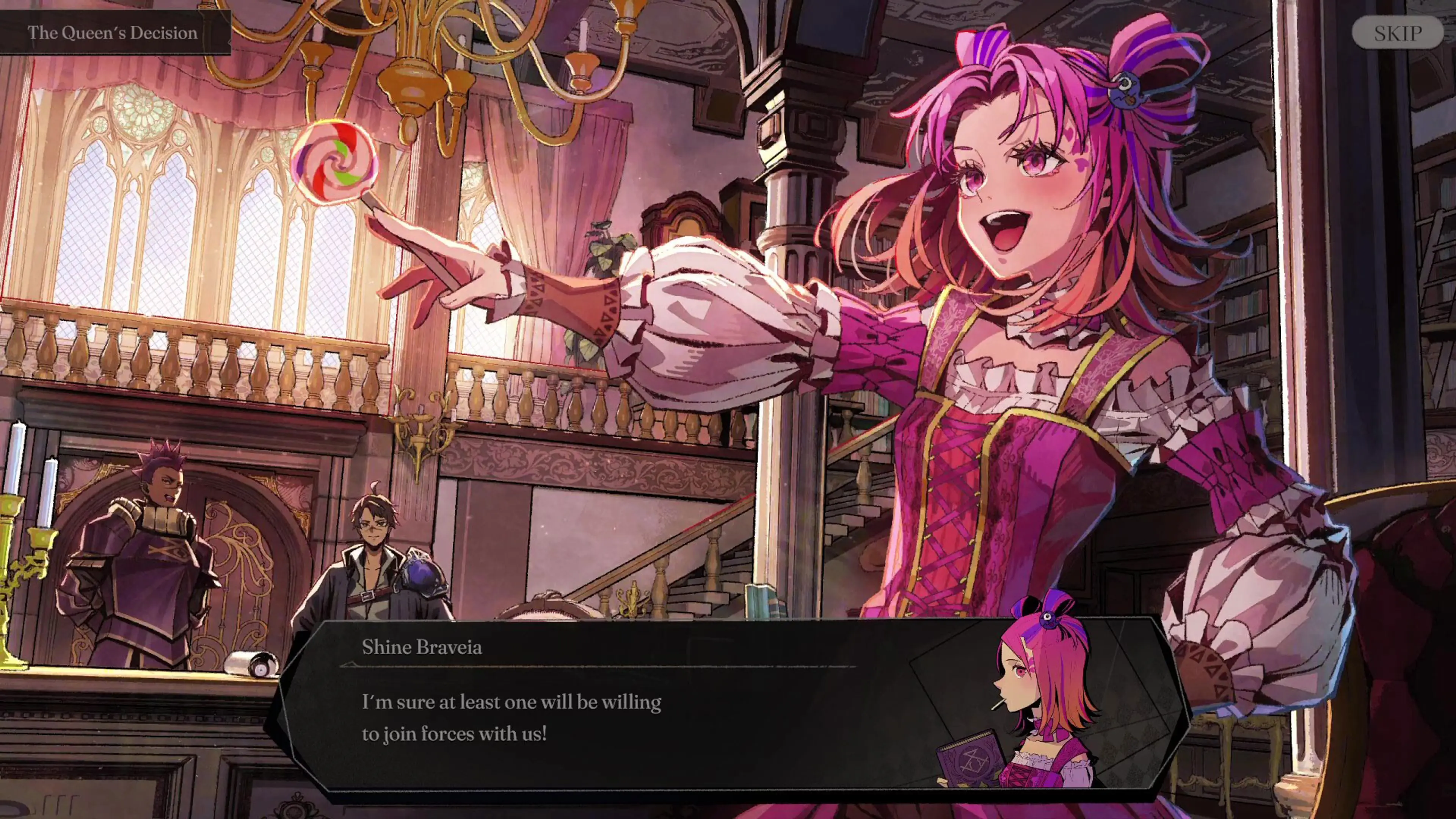 Shine Braveia addresses allies inside a palace in PROJECT ZIRCON.