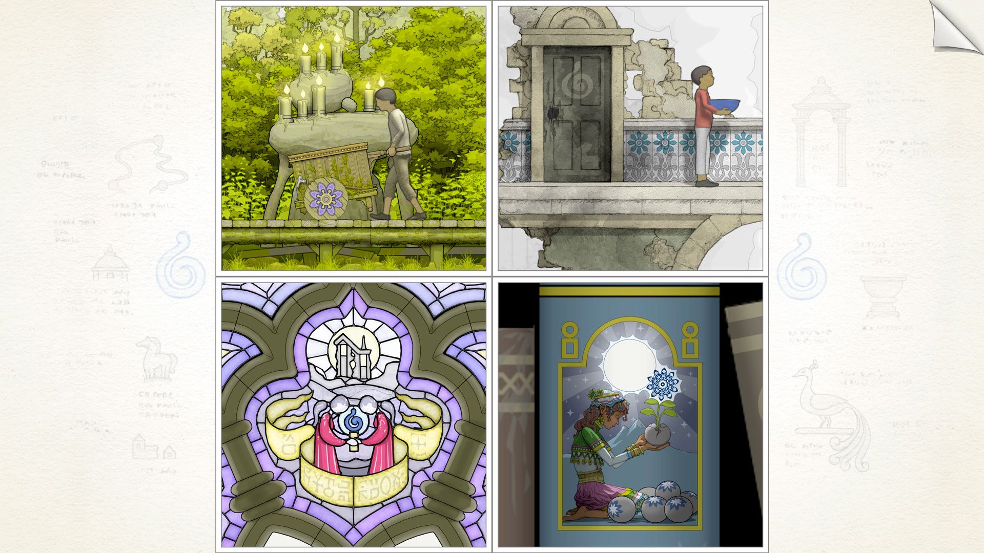 Four Gorogoa illustrated panels show a figure, patterned image and distant doorway.