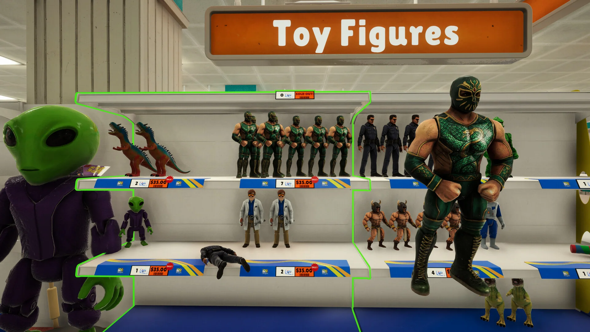 Official gameplay screenshot: Toy Figures category sign above a shelf outlined in bright green, with different figures and small product labels on the display.