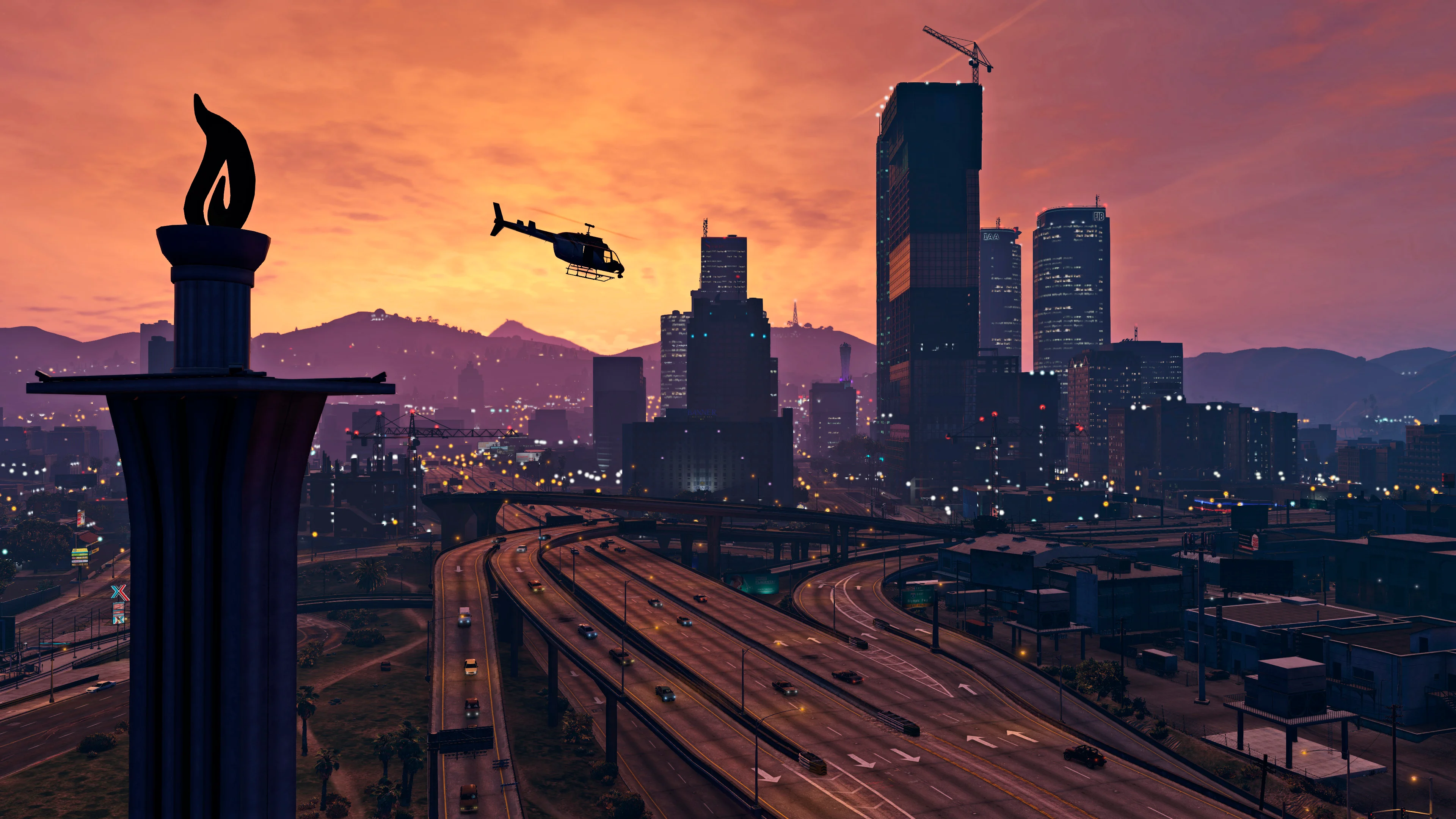 A helicopter flying above Los Santos in GTA 5.