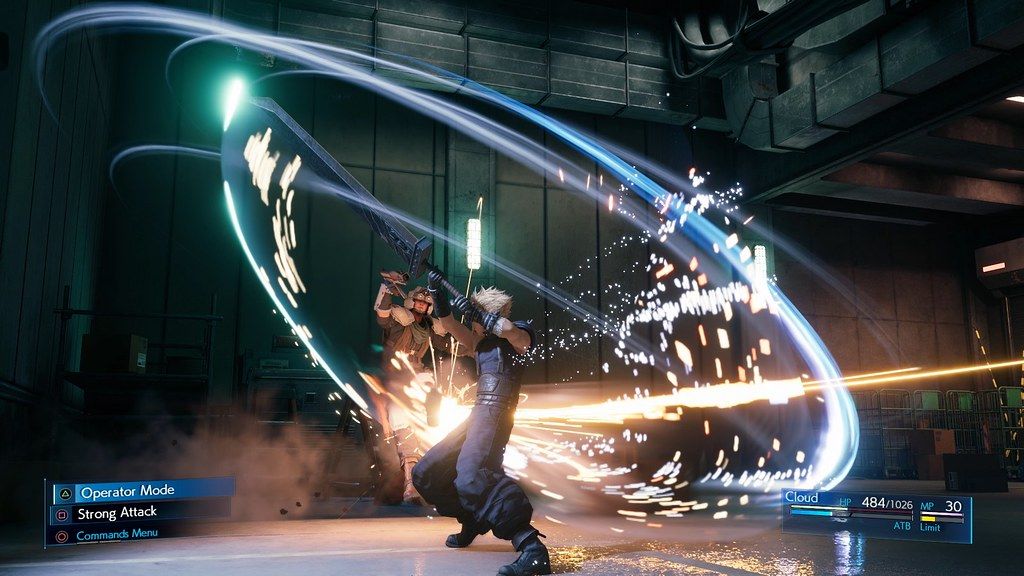 Cloud swings his sword during a battle in an industrial area of Midgar.