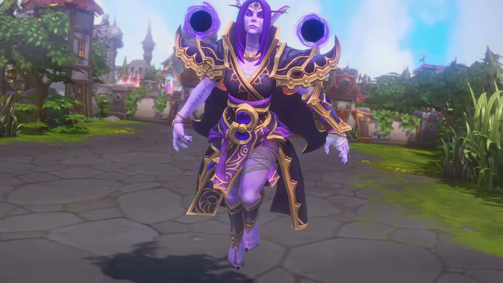 Xal’atath runs through a purple-lit battleground in Heroes of the Storm.