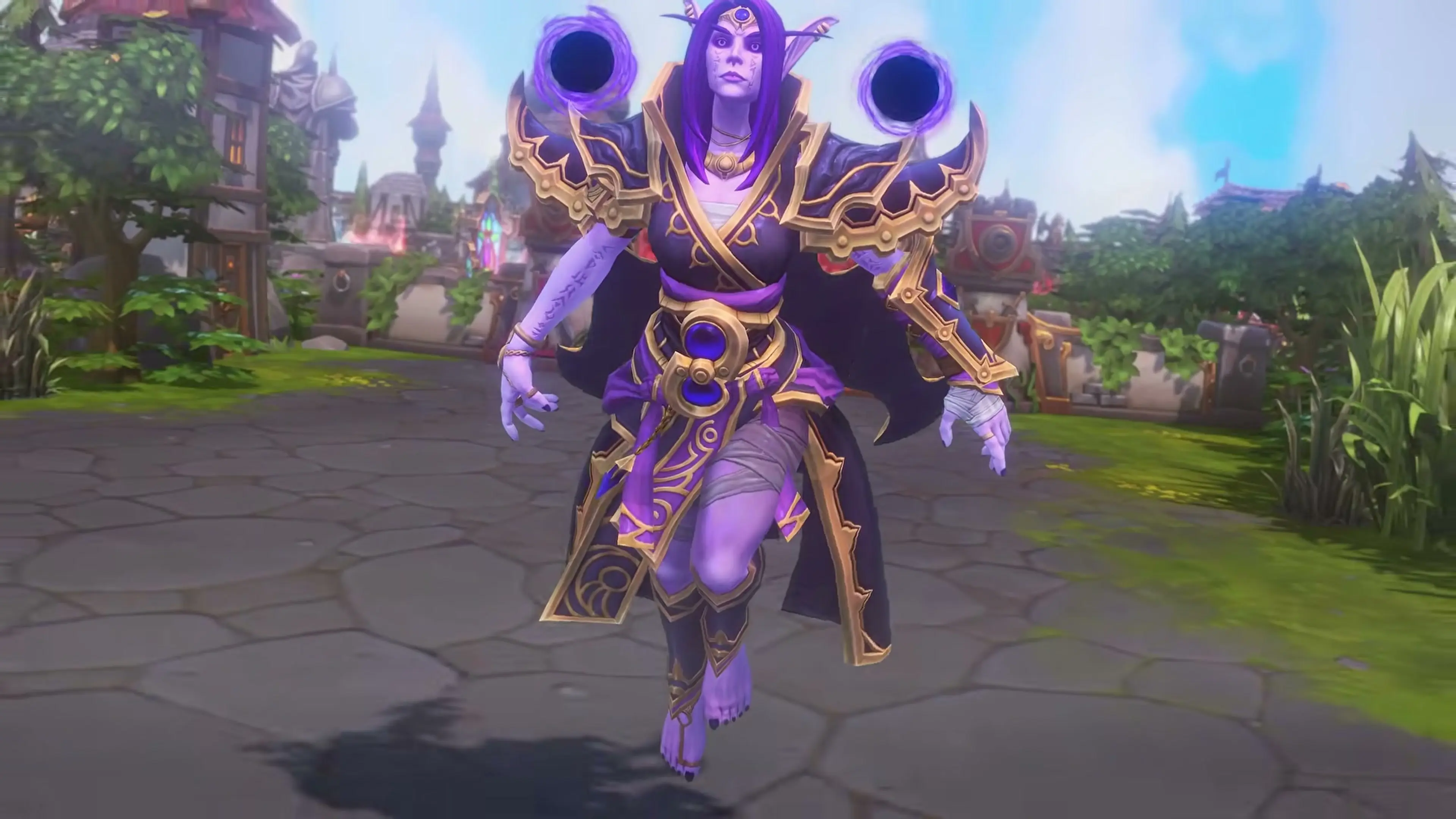 Xal’atath runs through a purple-lit battleground in Heroes of the Storm.