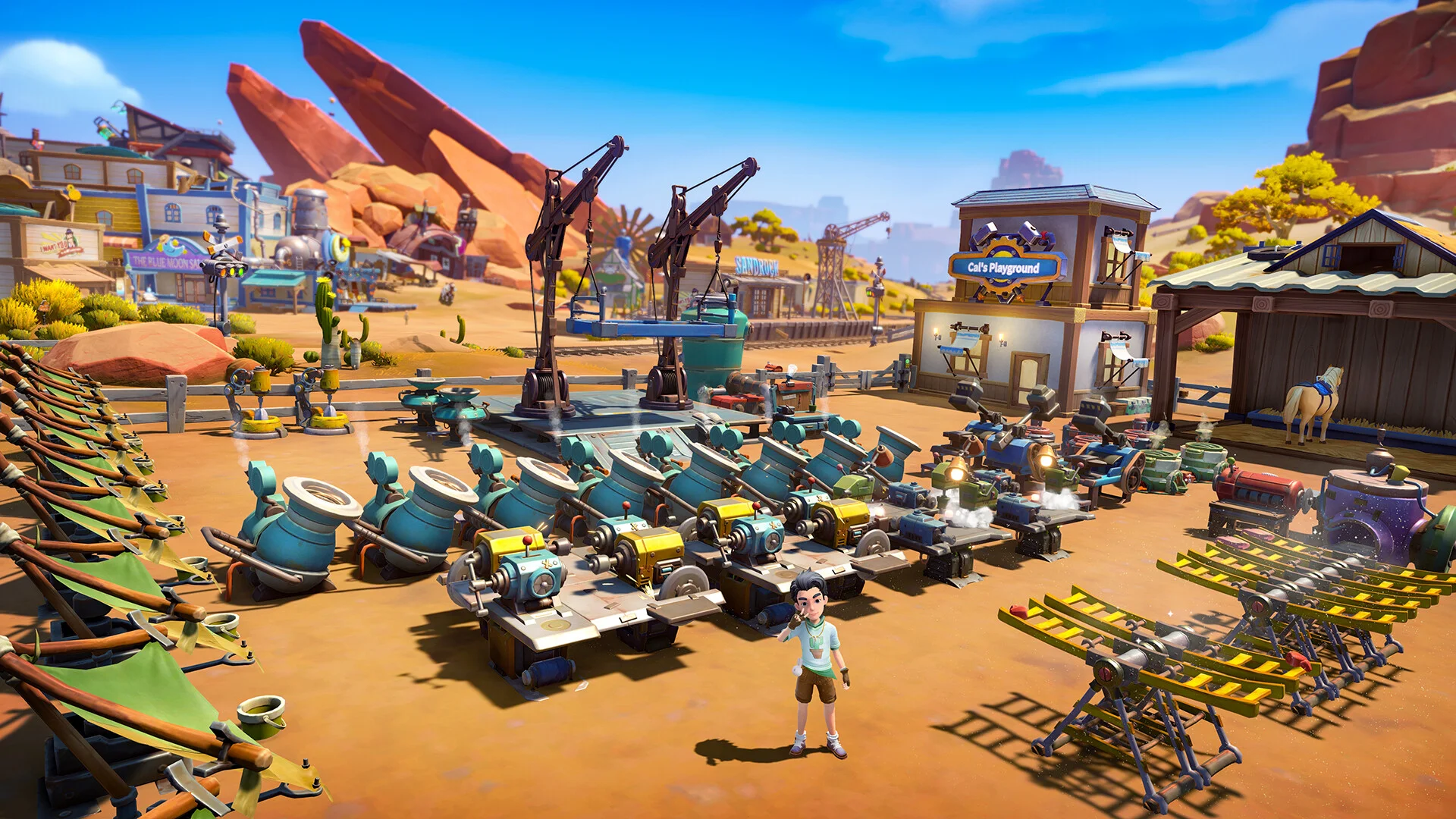Machines and crops fill a workshop yard in My Time at Sandrock.