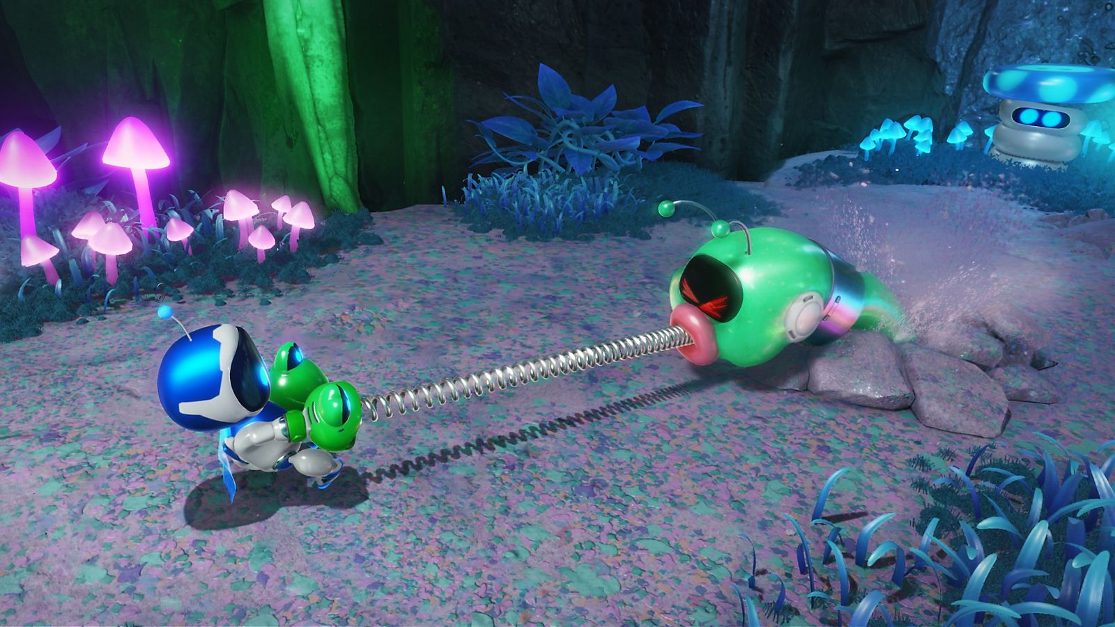 Astro uses green frog gloves to strike a target in Astro Bot.