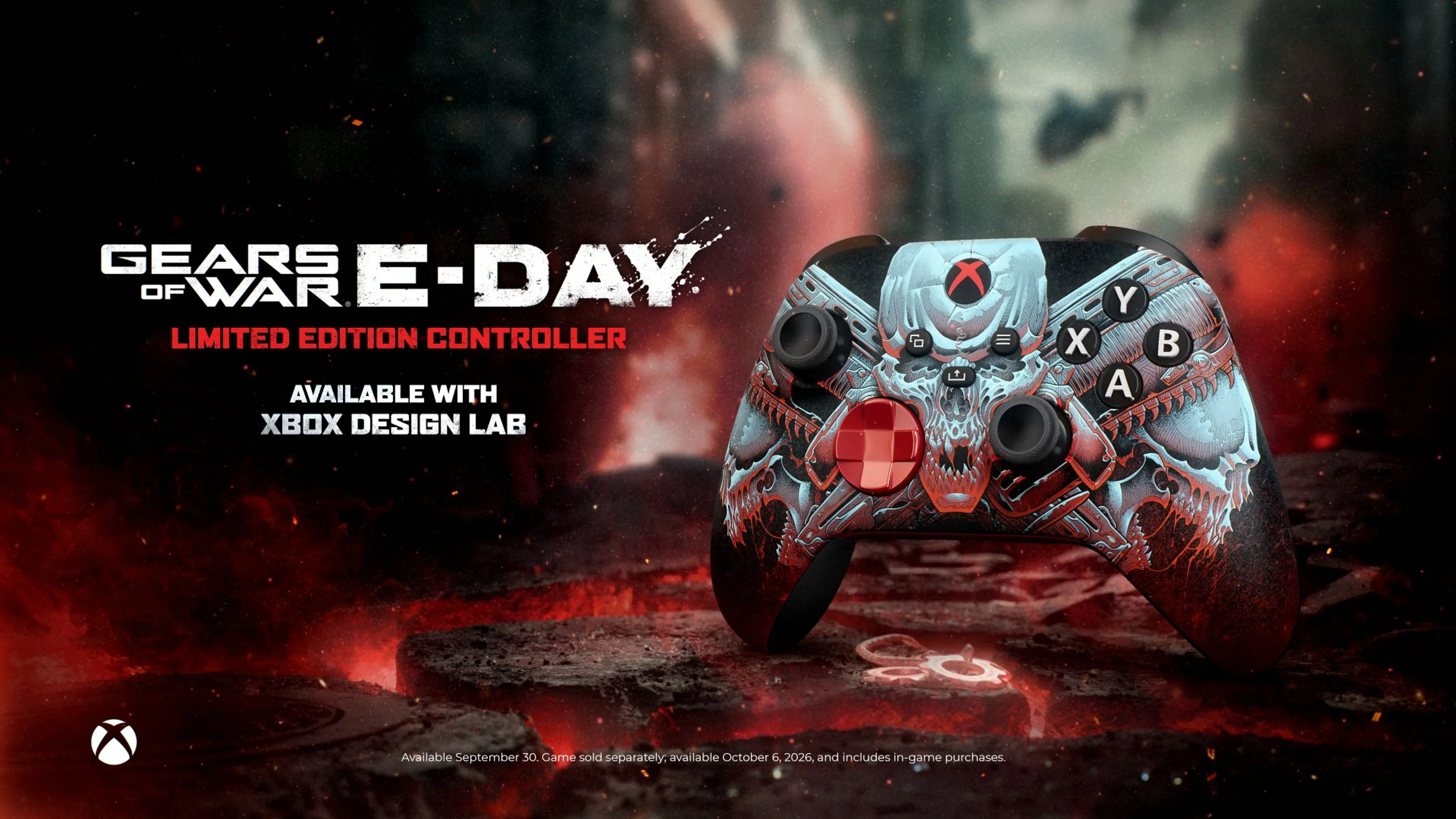 Gears of War E-Day Xbox Design Lab controller with skull and crossed Lancer artwork.