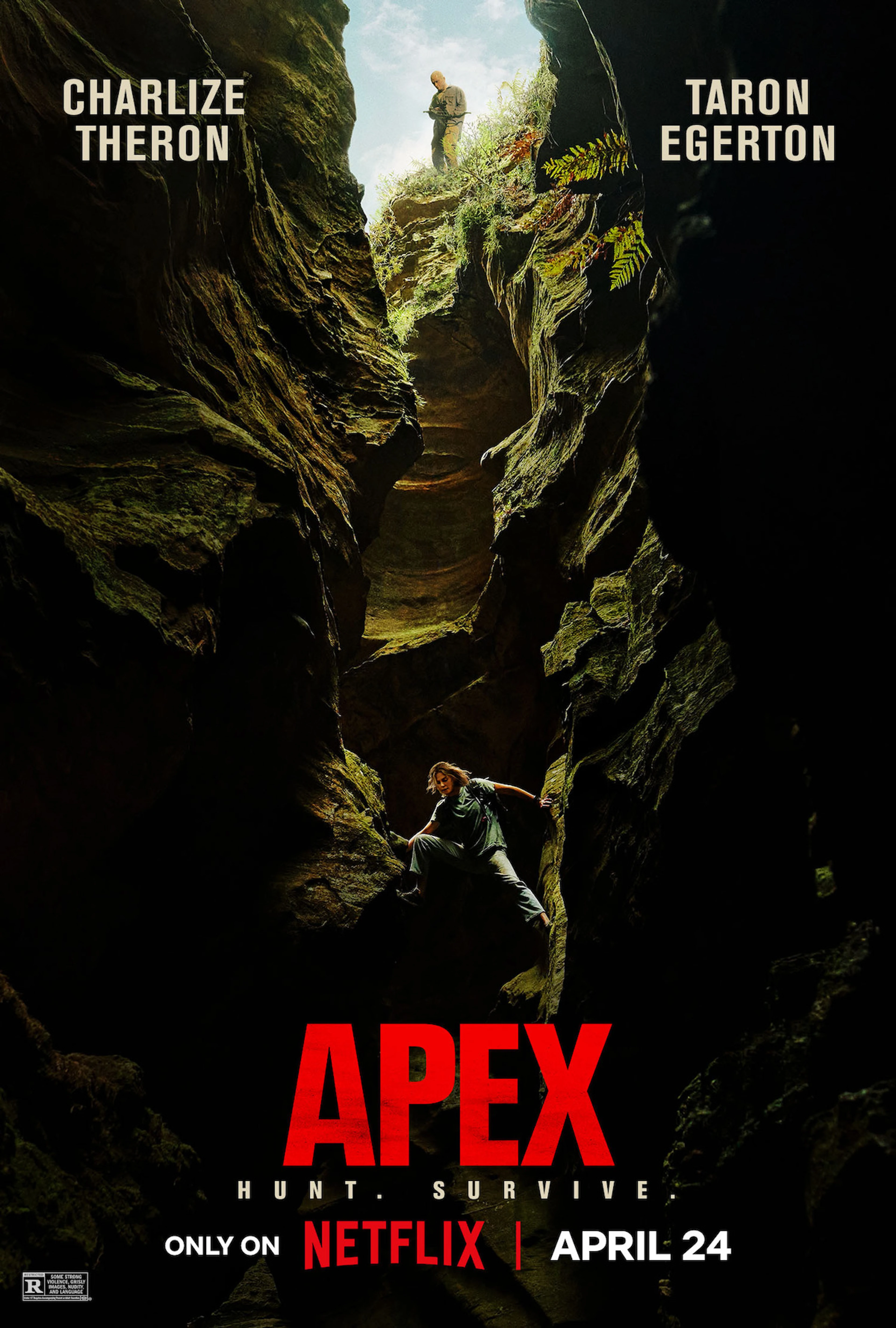 Official Apex poster with Charlize Theron below Taron Egerton in a rocky ravine.