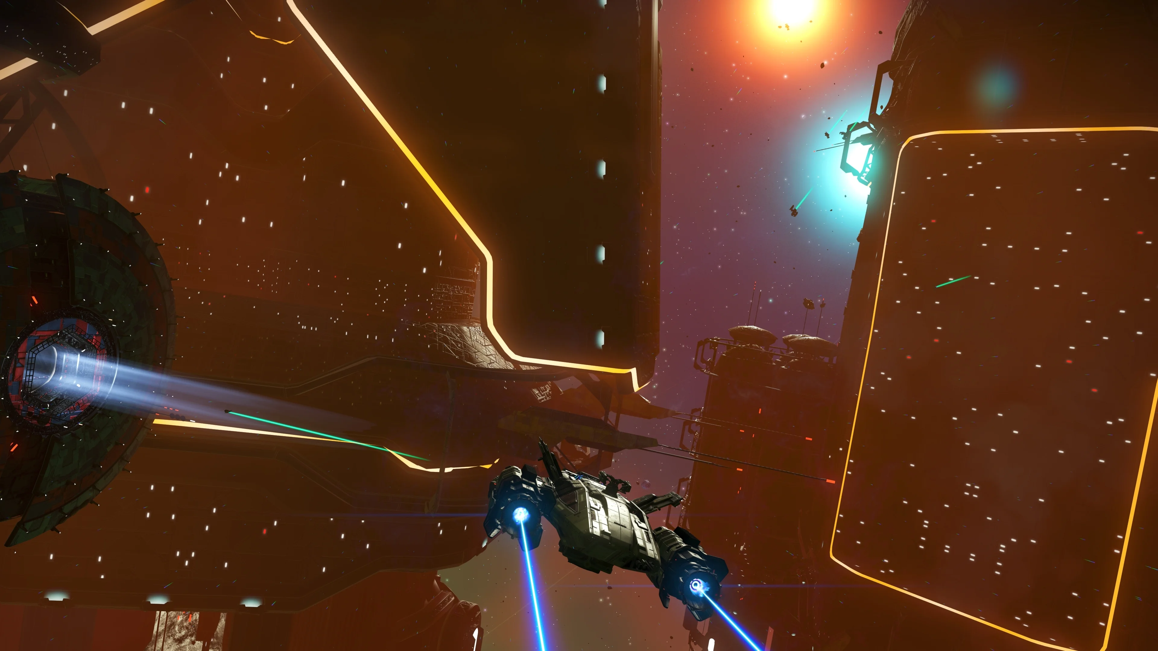 Travellers enter a decorated space station lobby filled with blue statues and large red plants in No Man’s Sky Cosmos.