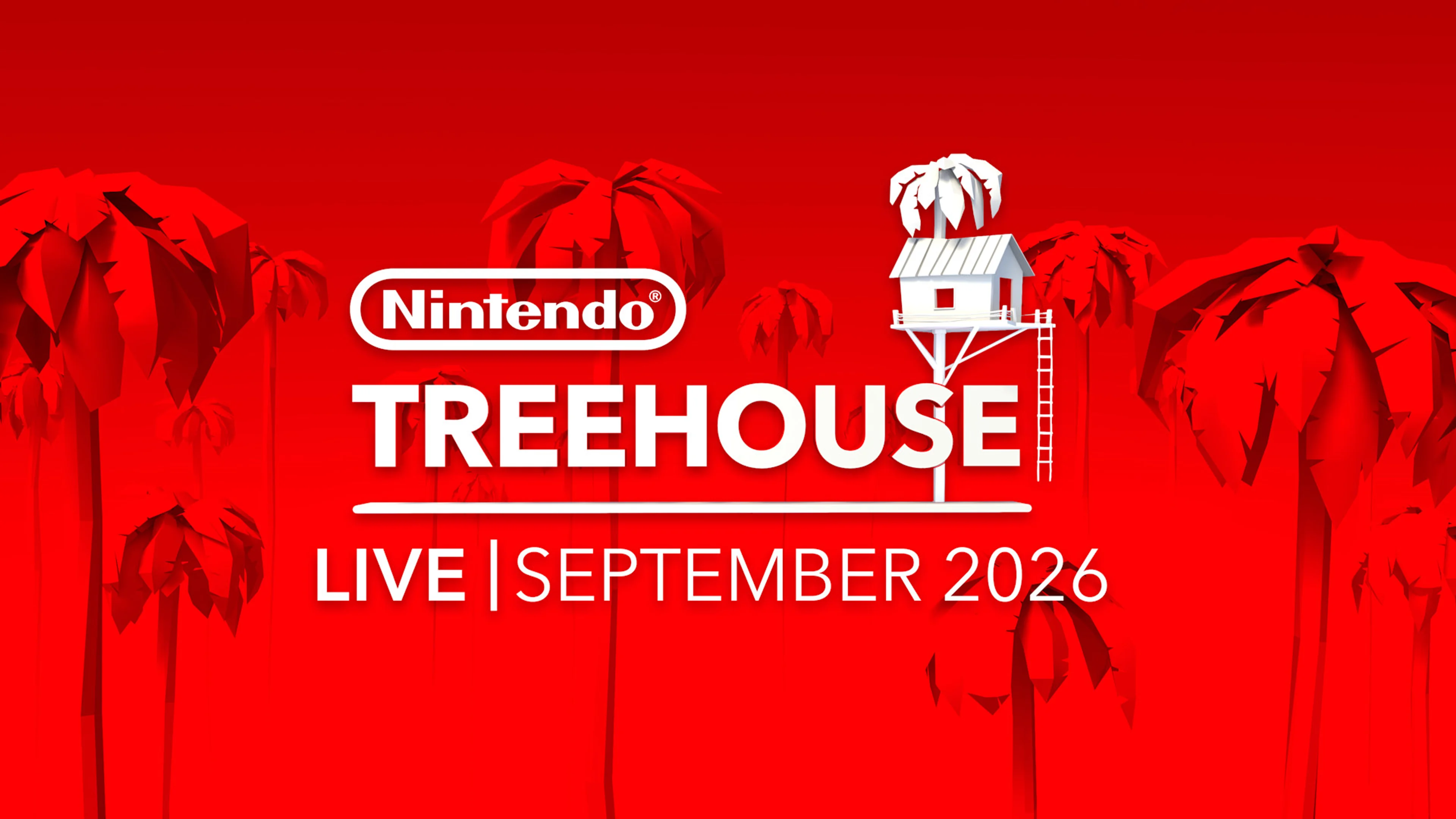Nintendo Treehouse Live September 2026 appears over a red scene with trees and a lookout tower.