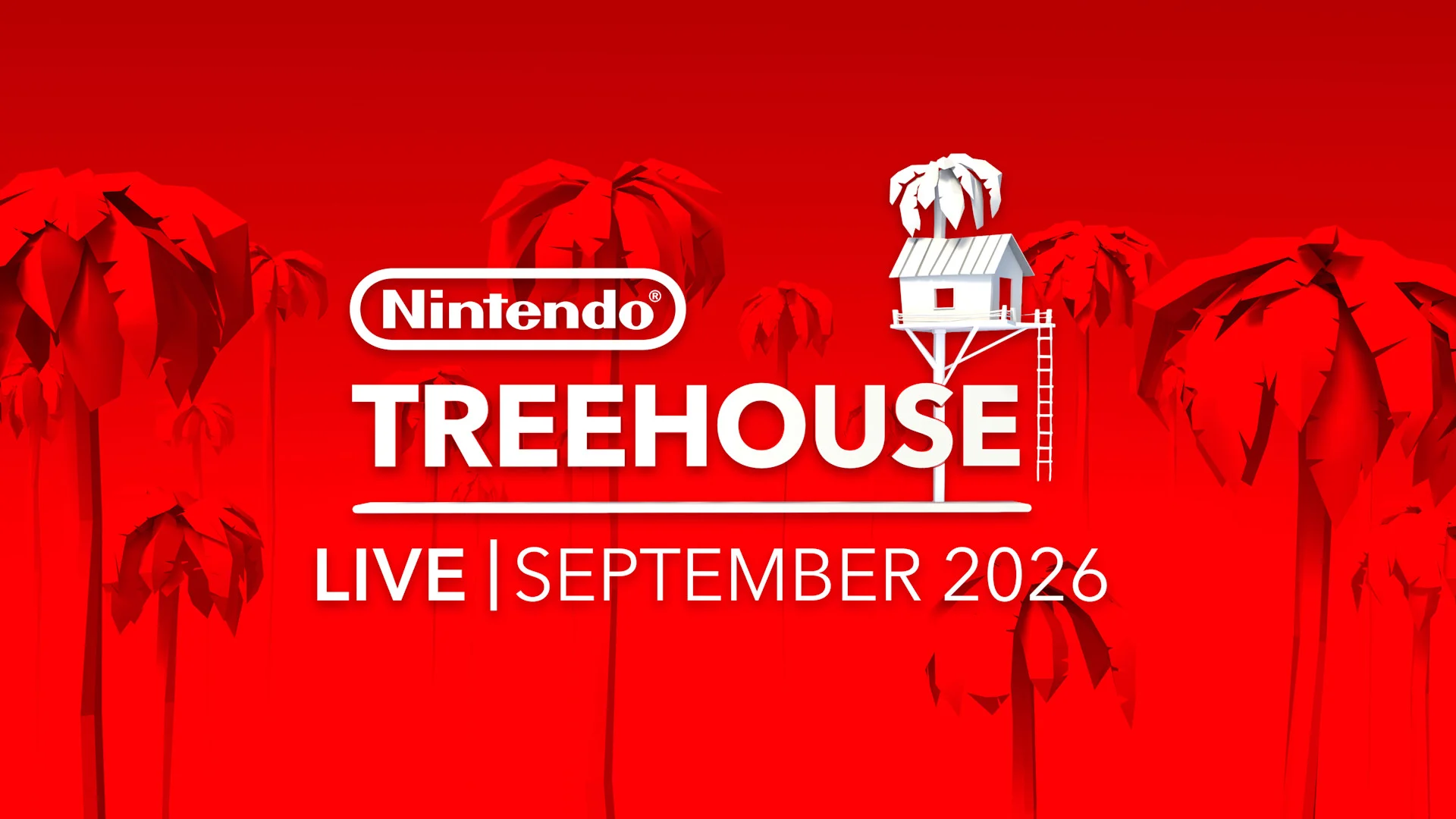 Nintendo Treehouse Live September 2026 appears over a red scene with trees and a lookout tower.