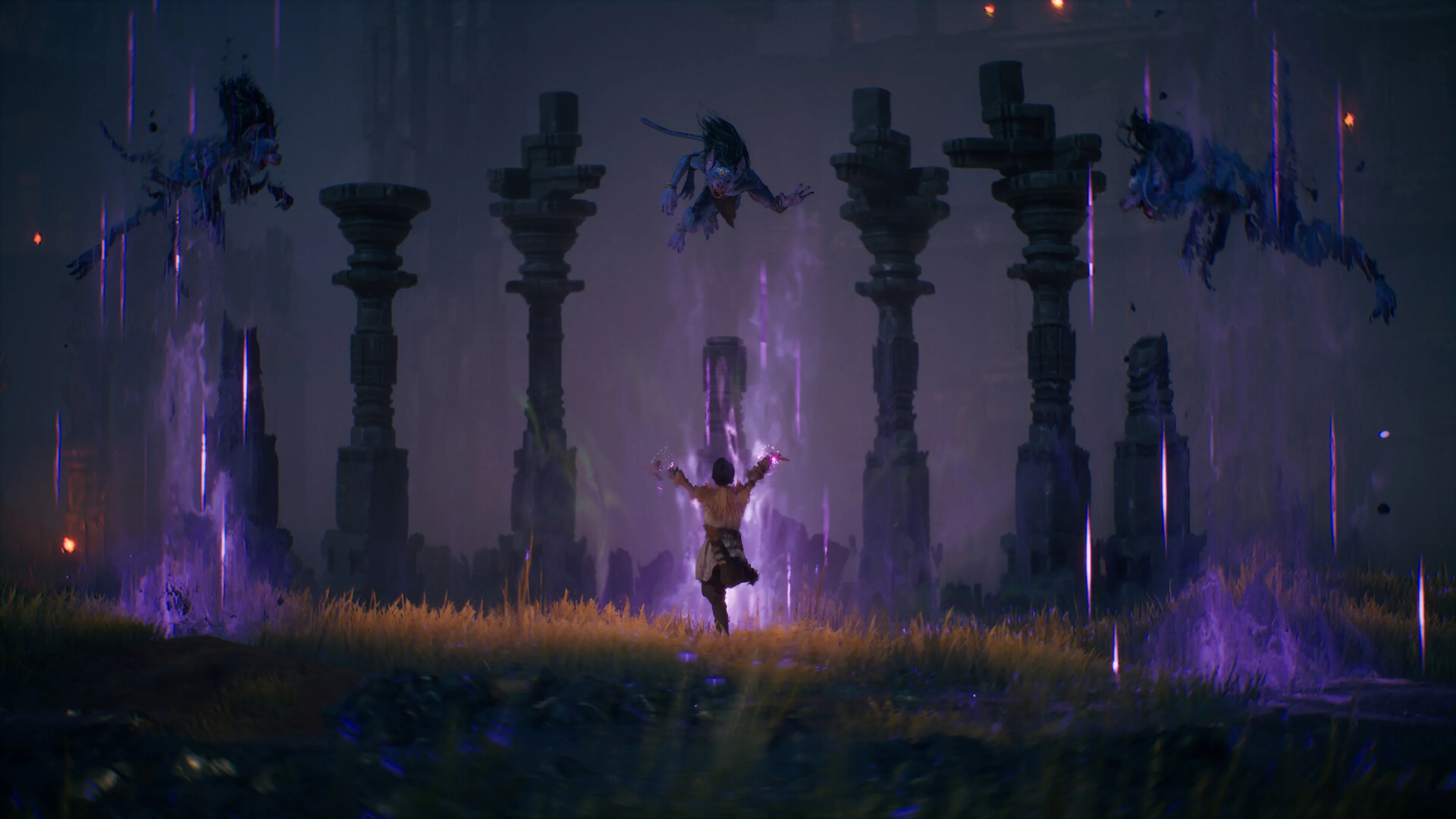 Darsh raises glowing hands as three foes fly above him in a purple-lit ruin.