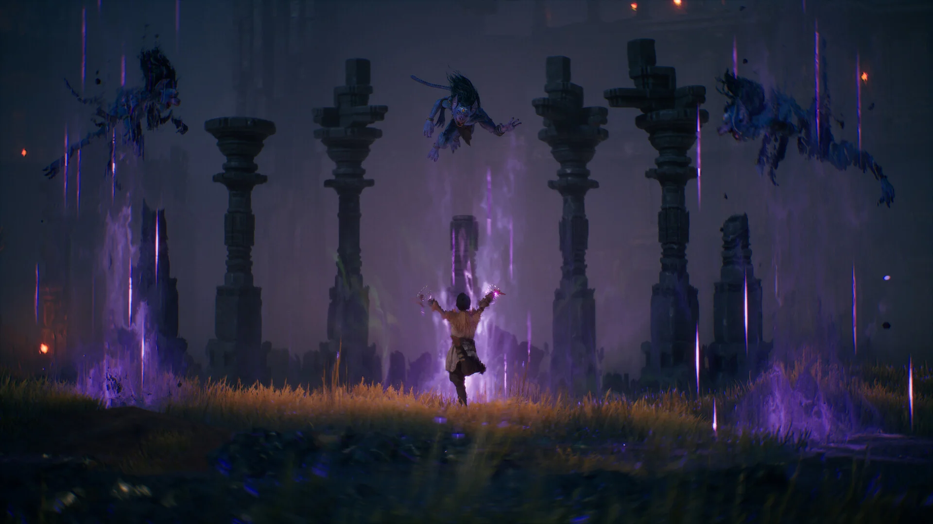 Darsh raises glowing hands as three foes fly above him in a purple-lit ruin.