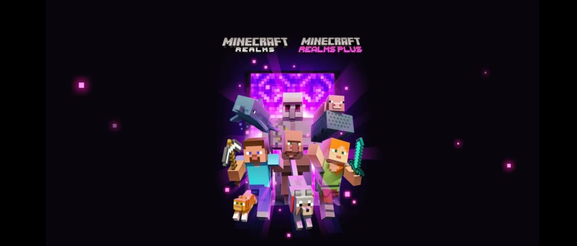 Minecraft characters exploring together in official Realms artwork.