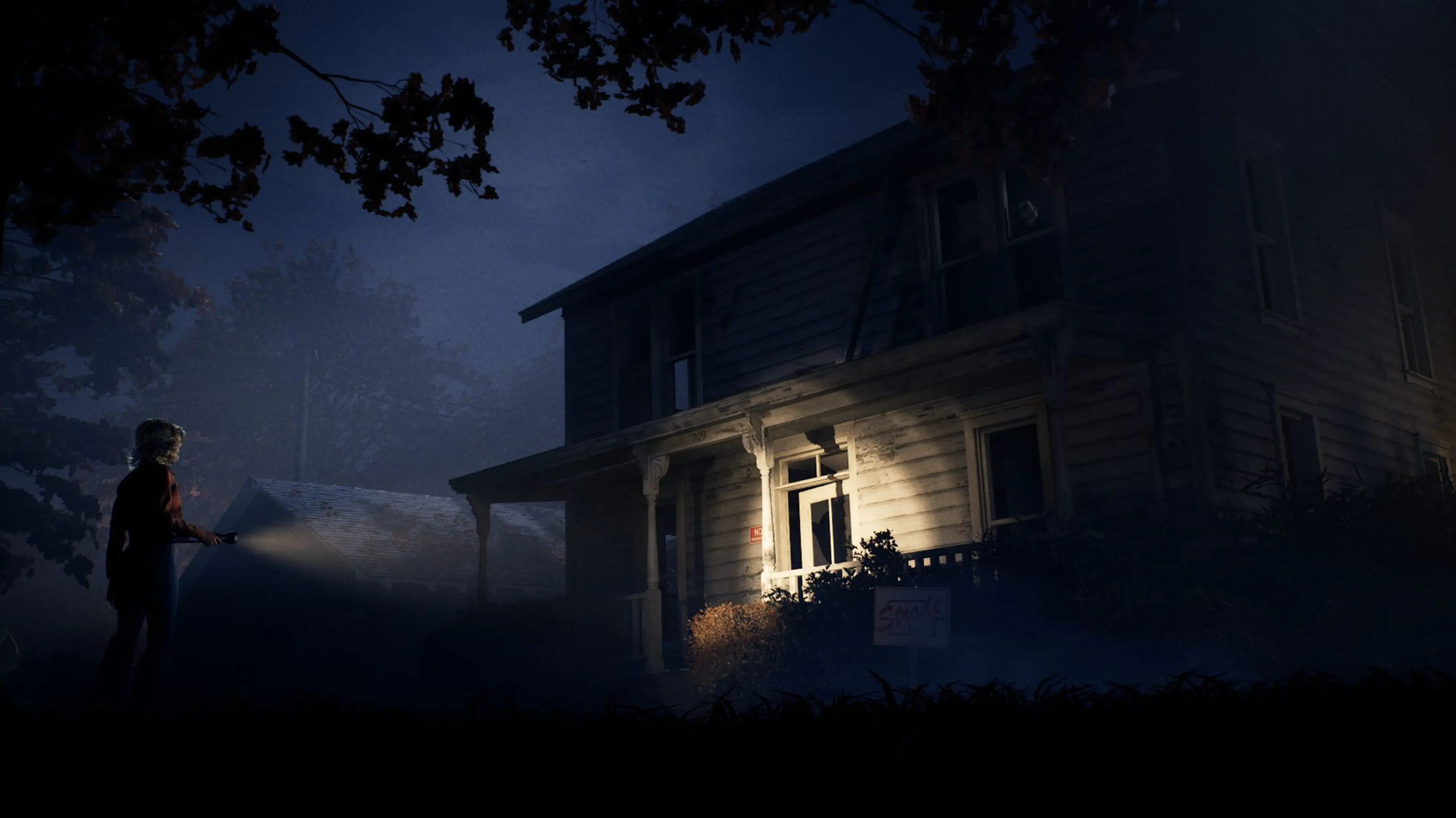 A Haddonfield resident shines a flashlight toward a dark house in Halloween: The Game.