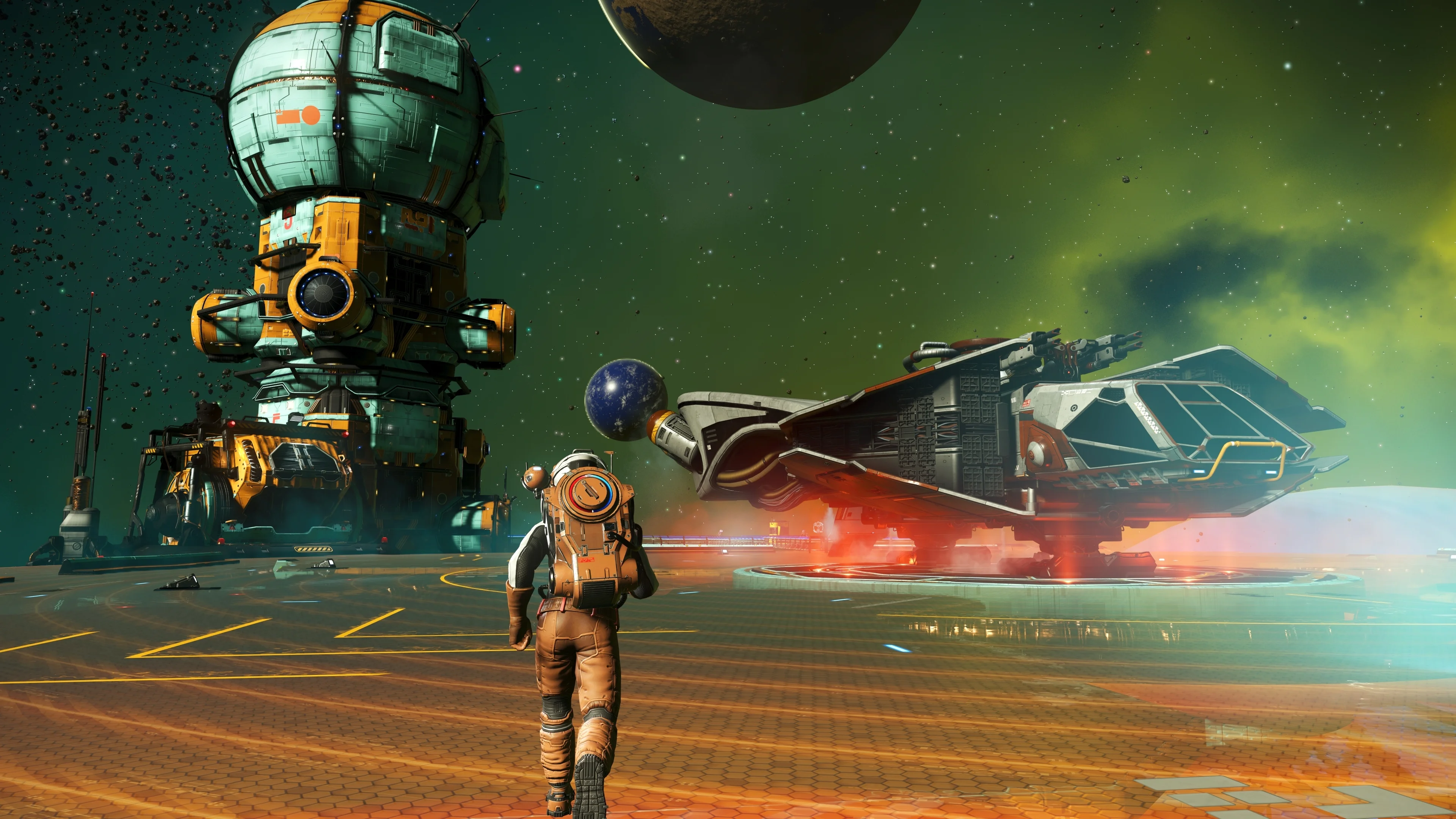 A red starship rests beside an orbital base built across floating ice asteroid platforms in No Man’s Sky Cosmos.