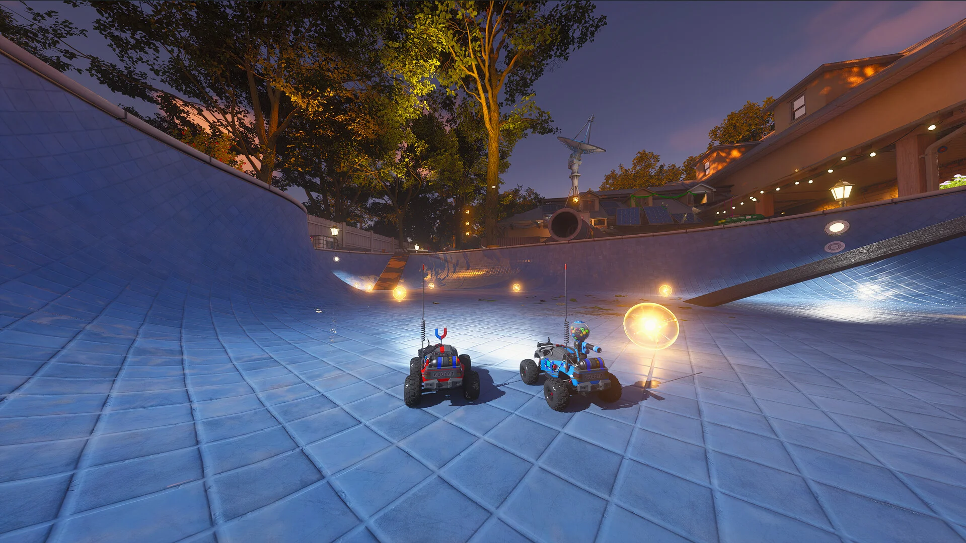 Two WheelMates RC cars explore an empty swimming pool illuminated by glowing puzzle objects at night.