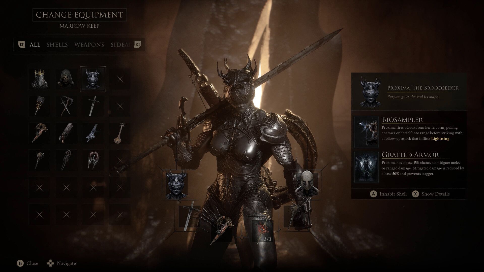 The Change Equipment screen shows an armored shell, weapons and ability details in Mortal Shell II.