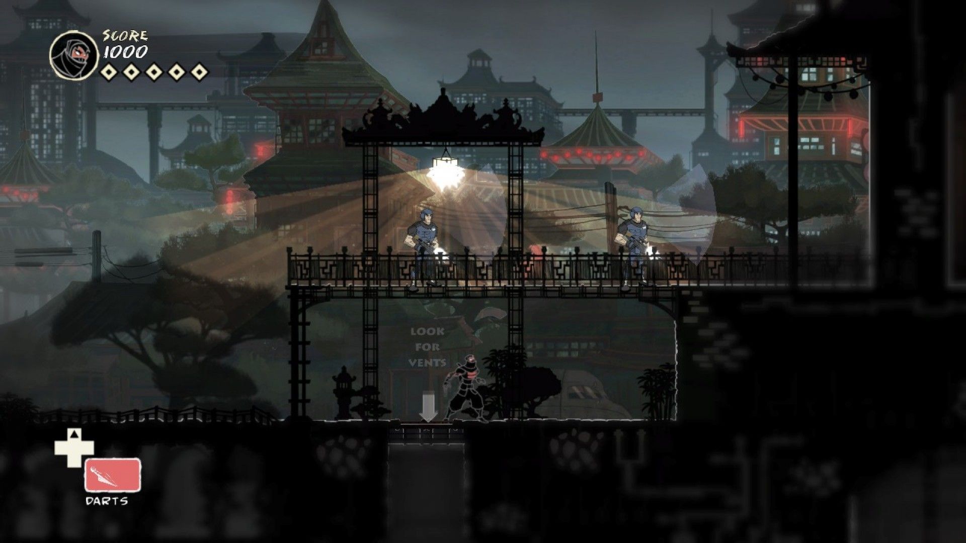 Close view of the ninja, the white downward arrow and the dark floor opening beneath the guards.