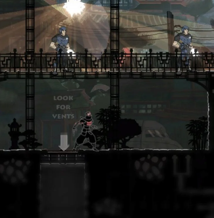 Close view of the ninja, the white downward arrow and the dark floor opening beneath the guards.