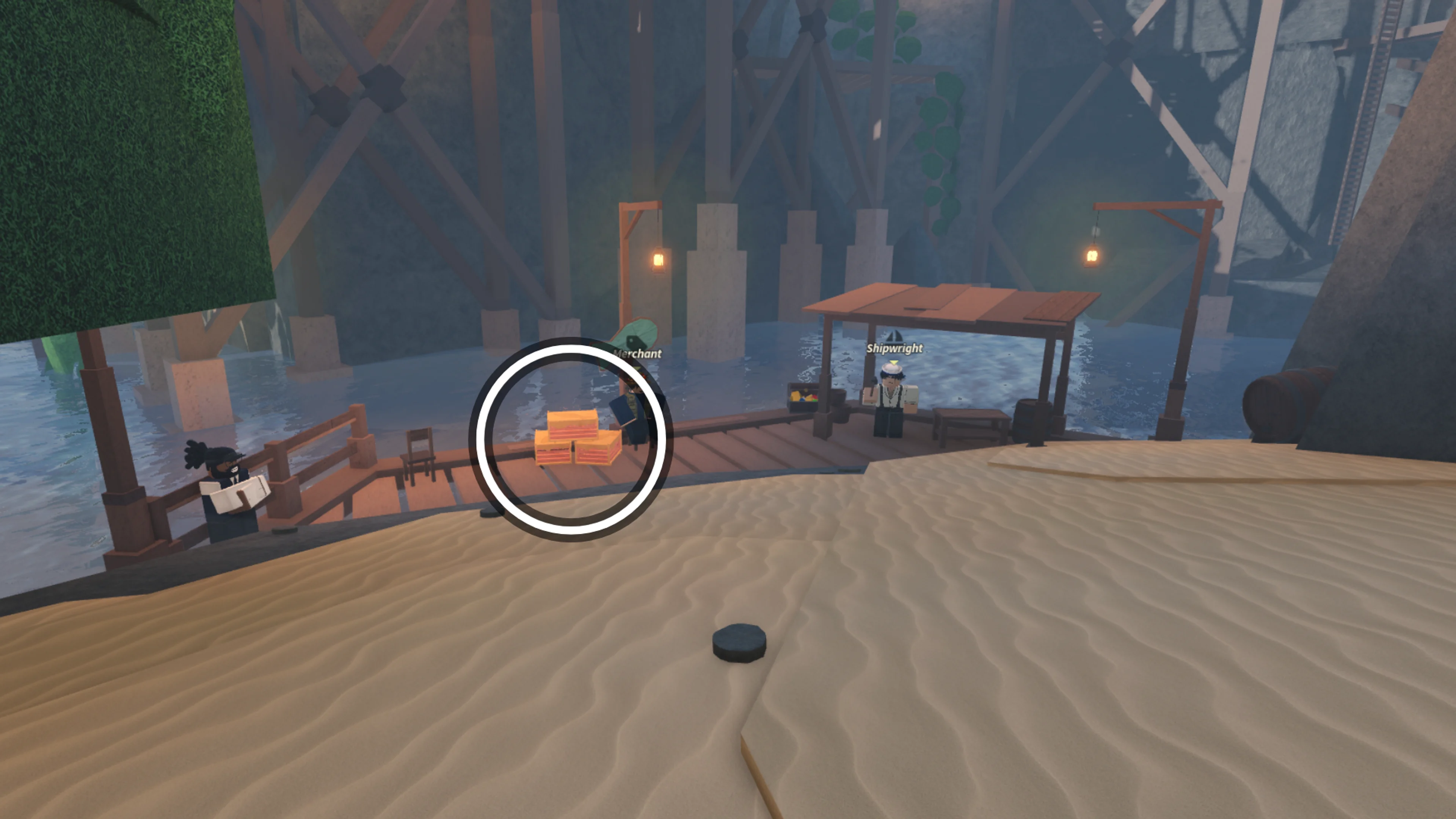 Tropical Bait Crates circled beside the Merchant on the Sunstone Island docks in Fisch.