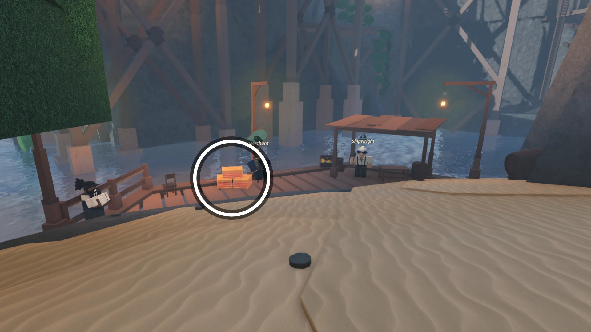 Tropical Bait Crates circled beside the Merchant on the Sunstone Island docks in Fisch.